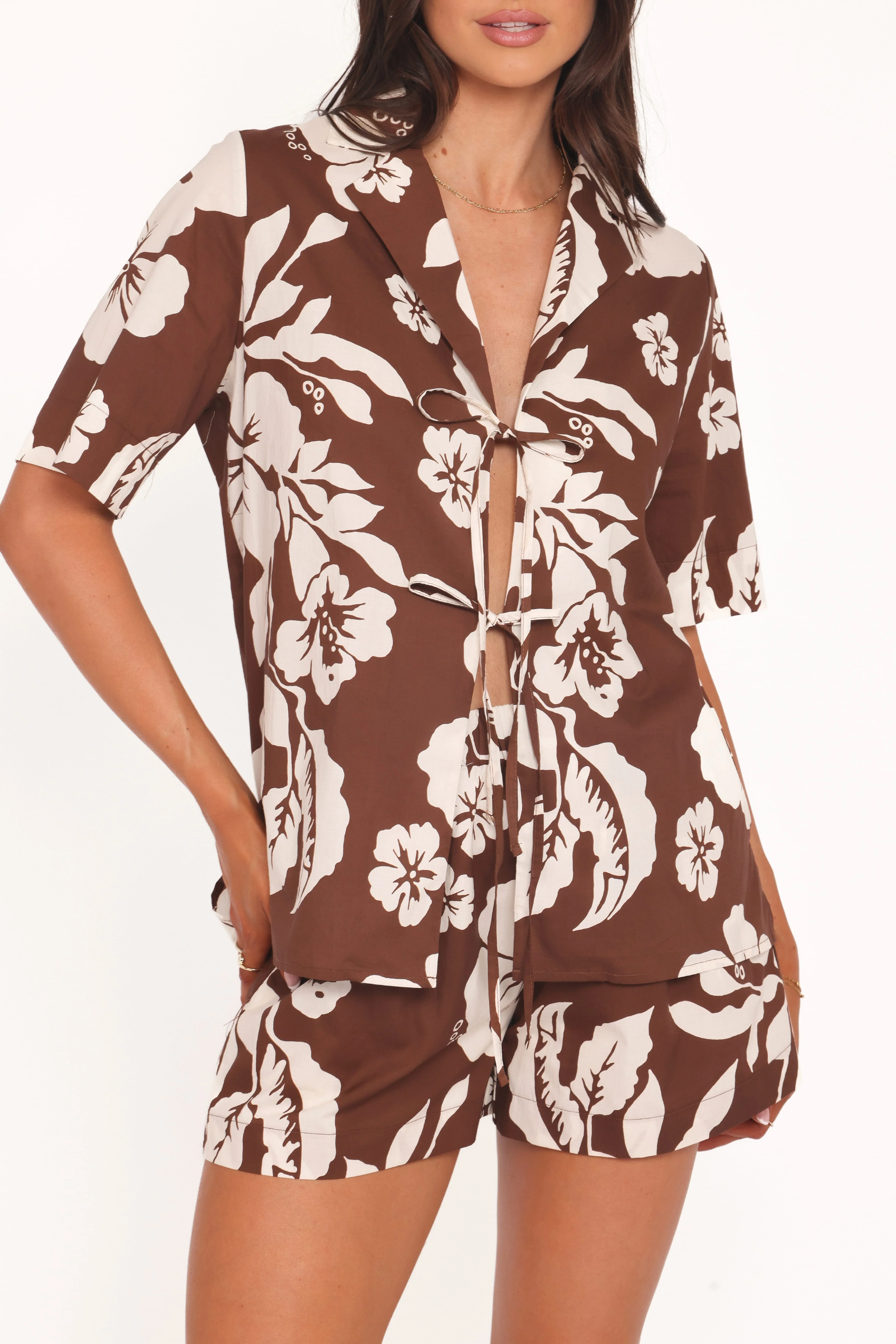Aaliyah Cotton Tie Front Top - Brown Hibiscus - Image 2