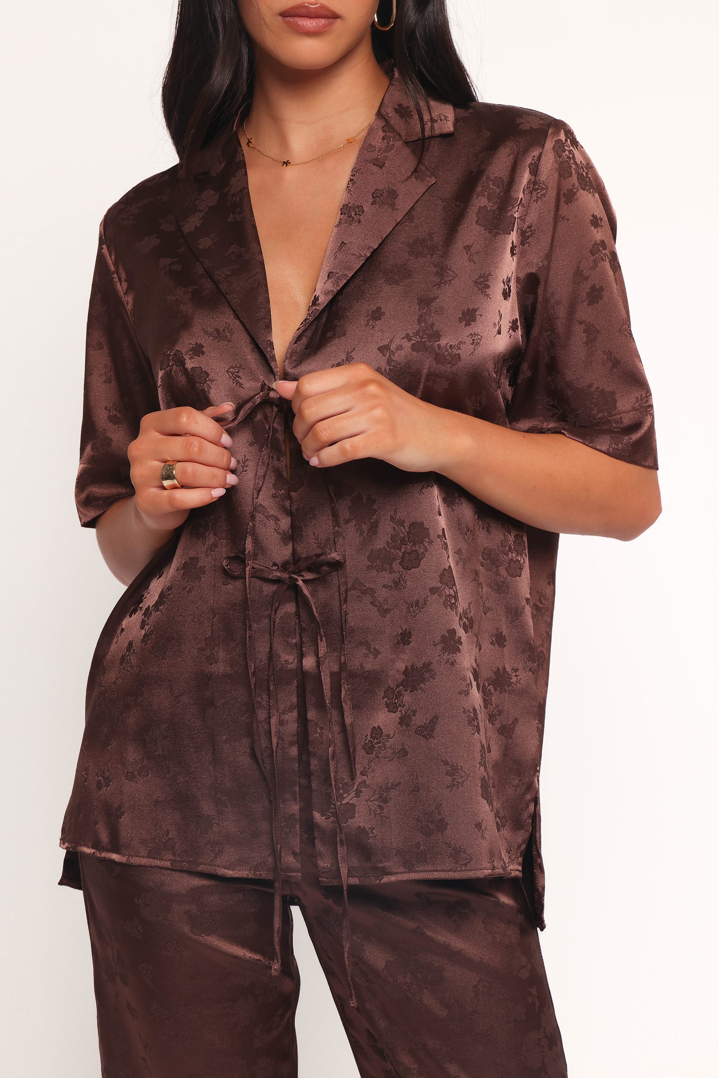Aaliyah Satin Tie Front Top - Chocolate - Image 3