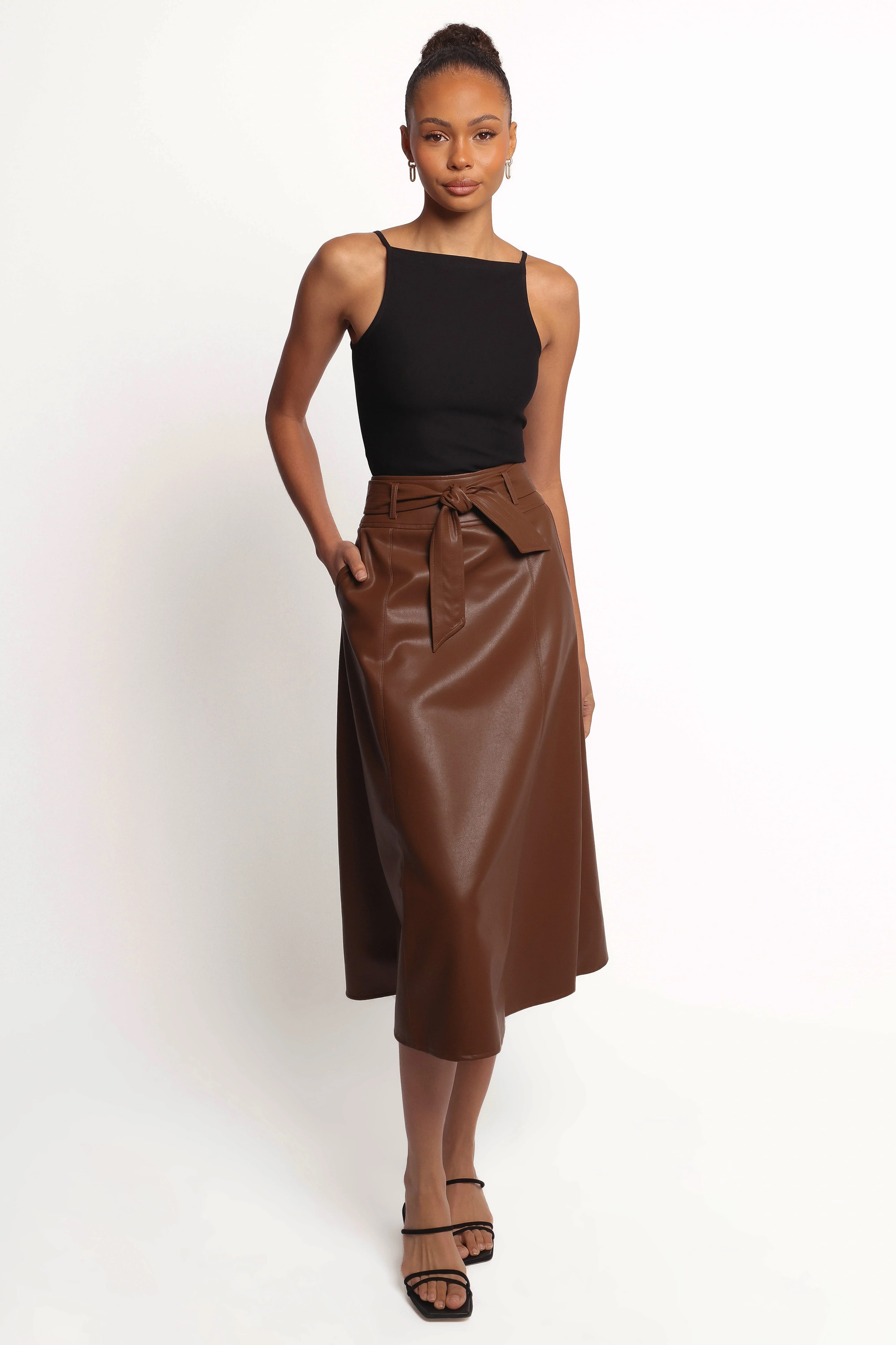 Adaline Faux Leather Midi Skirt - Brown - Image 2