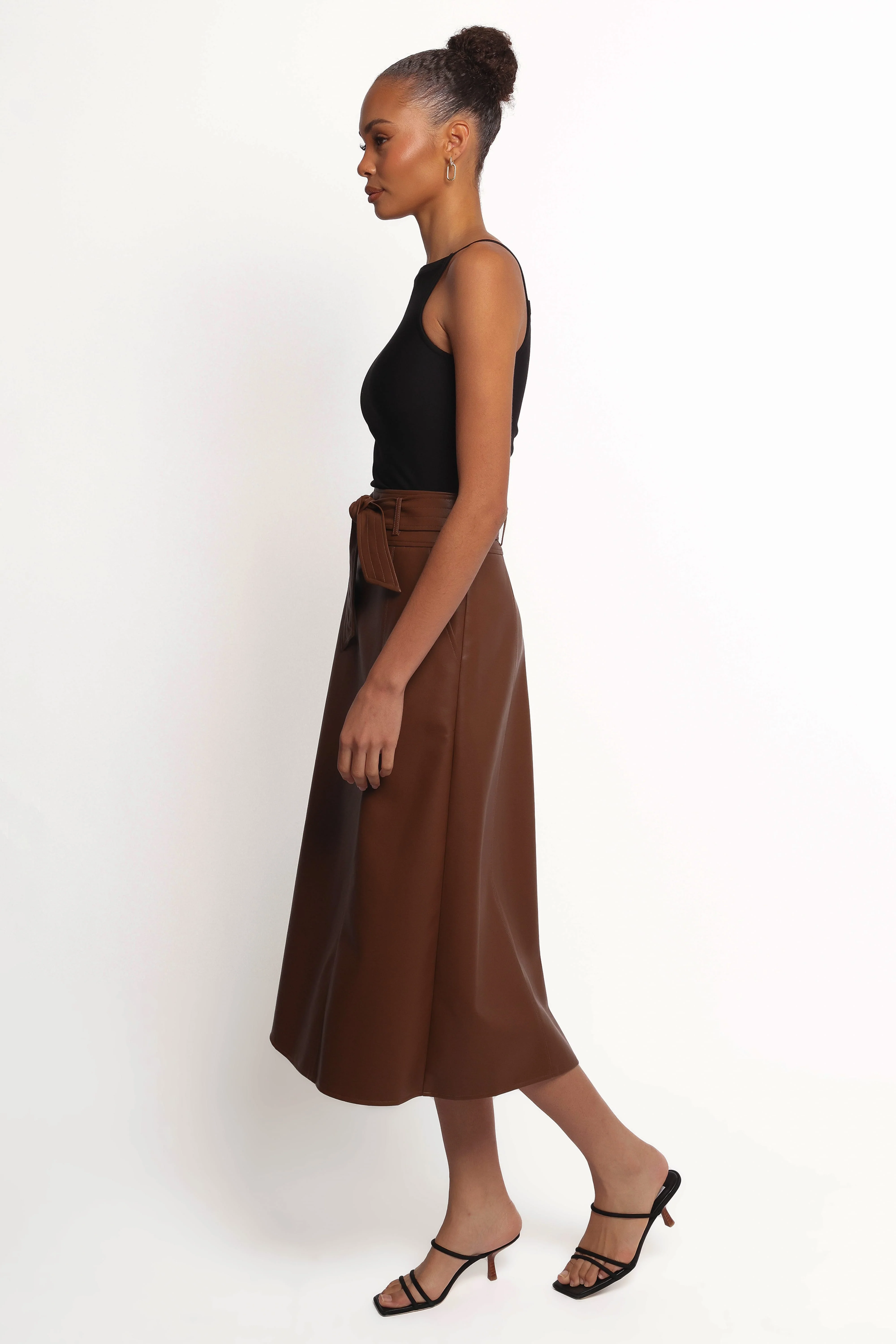Adaline Faux Leather Midi Skirt - Brown - Image 4