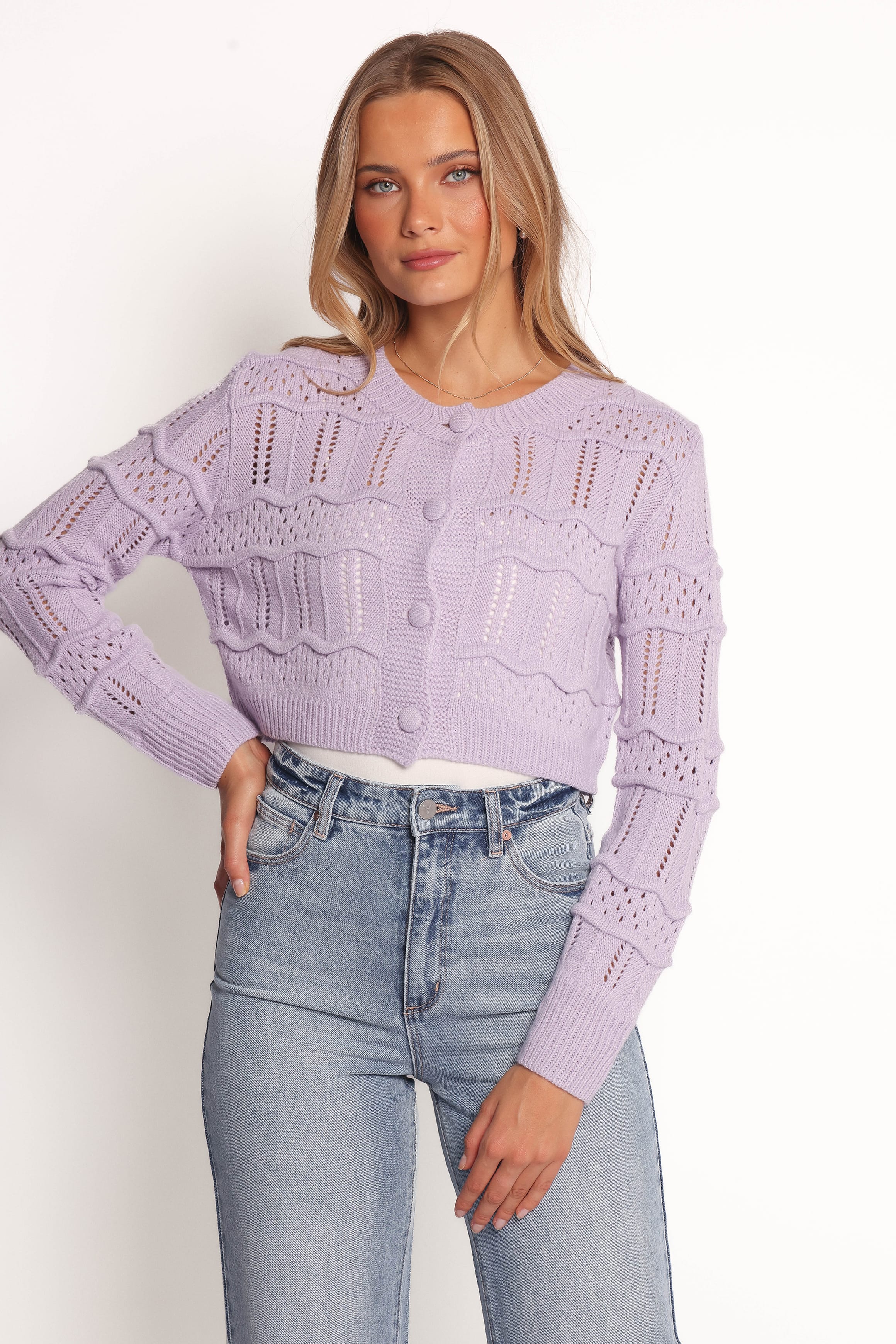 Aidy Crop Button Front Cardigan - Lilac - Image 5