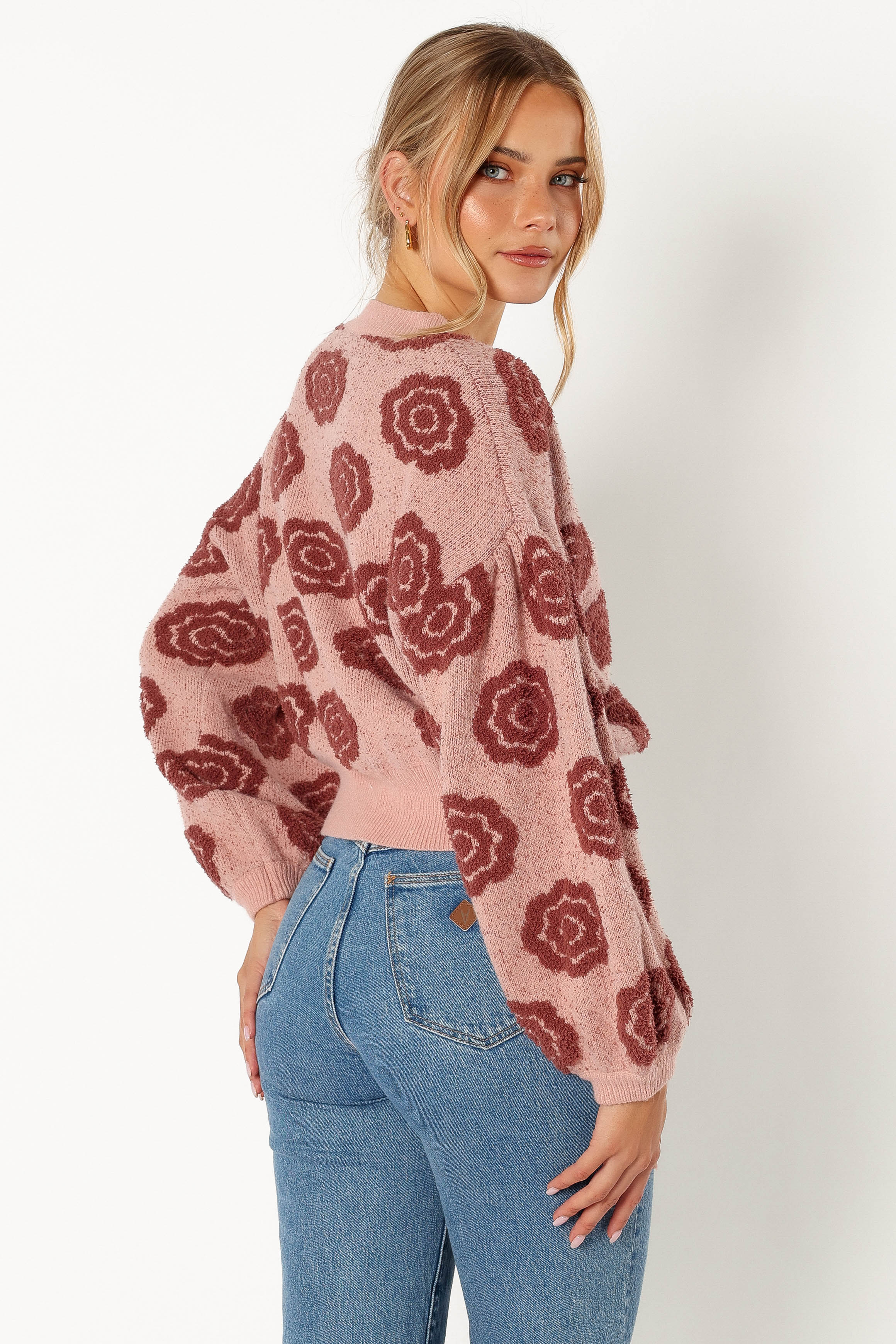 Amara Crewneck Rose Detail Knit Sweater - Mauve - Image 3