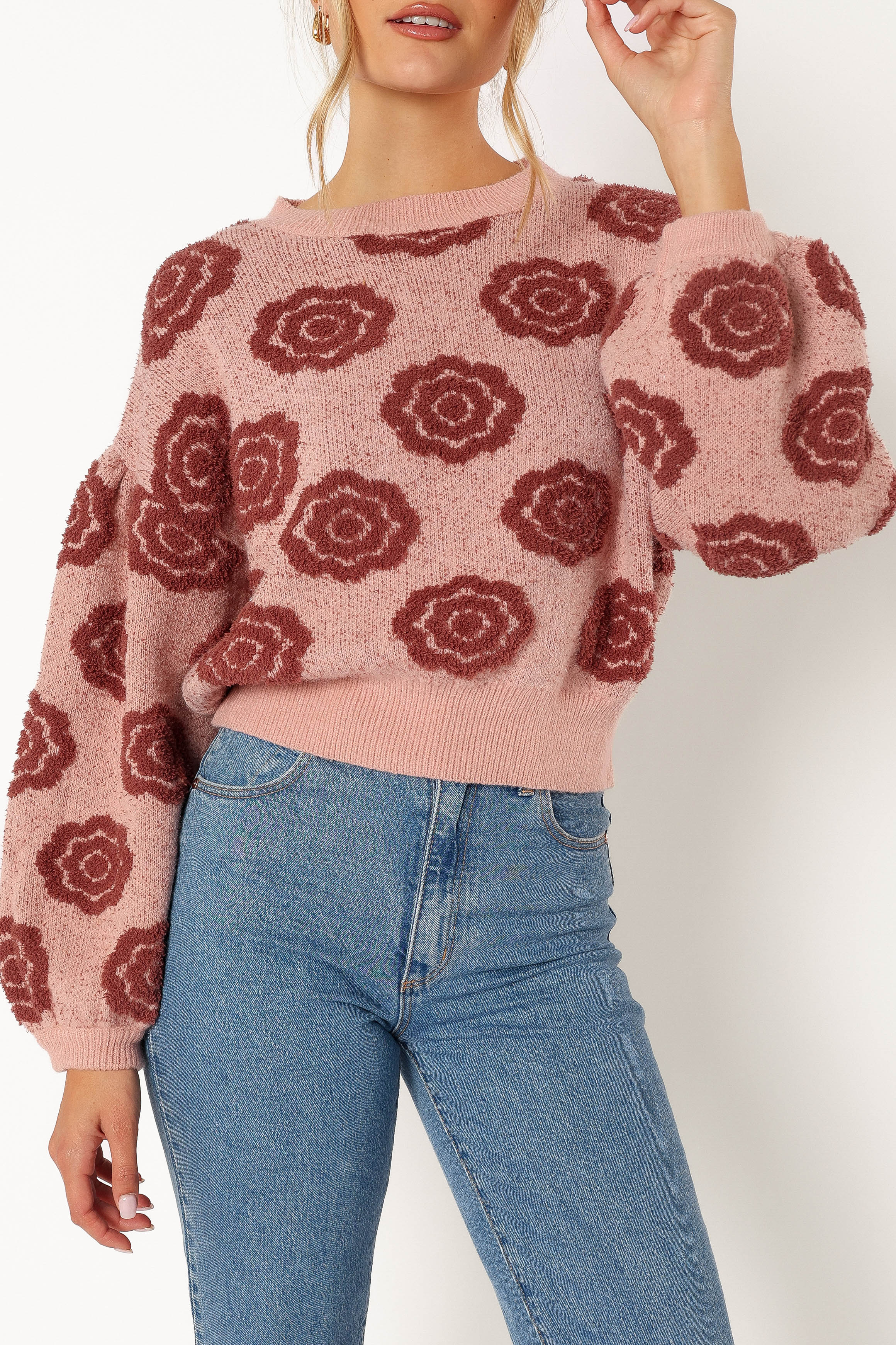 Amara Crewneck Rose Detail Knit Sweater - Mauve - Image 9