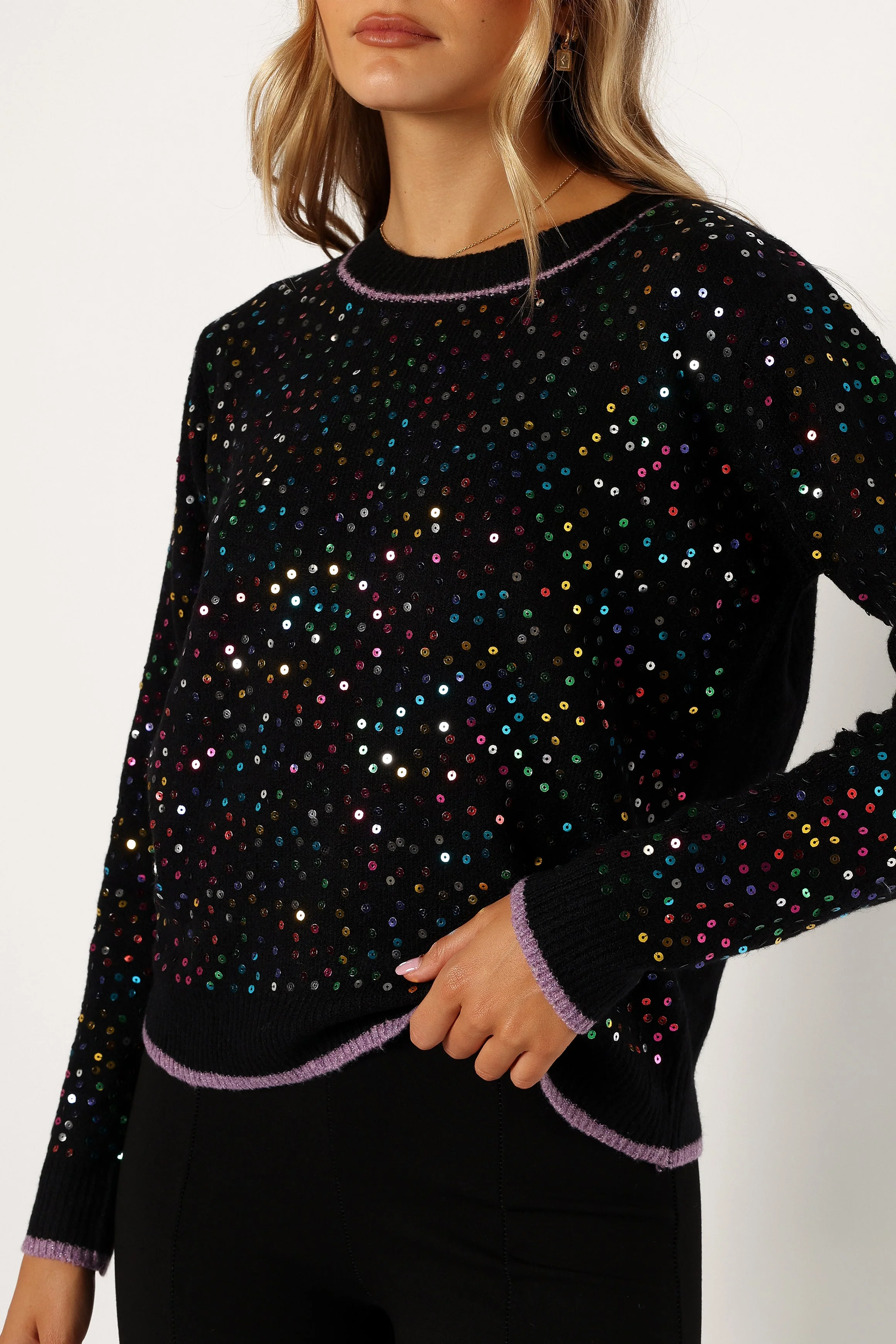 Ariella Sequin Embellished Knit Sweater - Black - Image 7