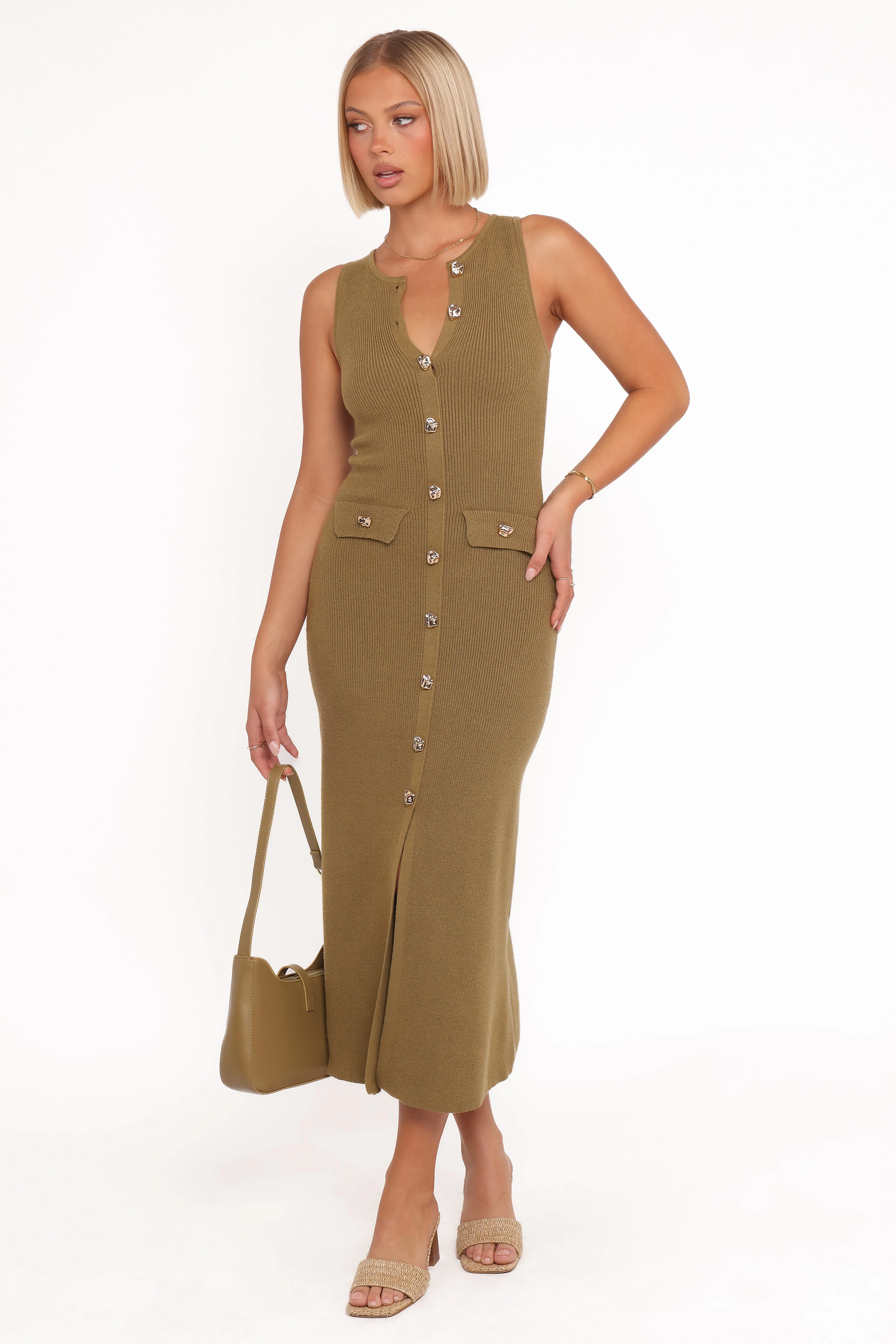 Aspen Button Up Knit Dress - Olive - Image 2