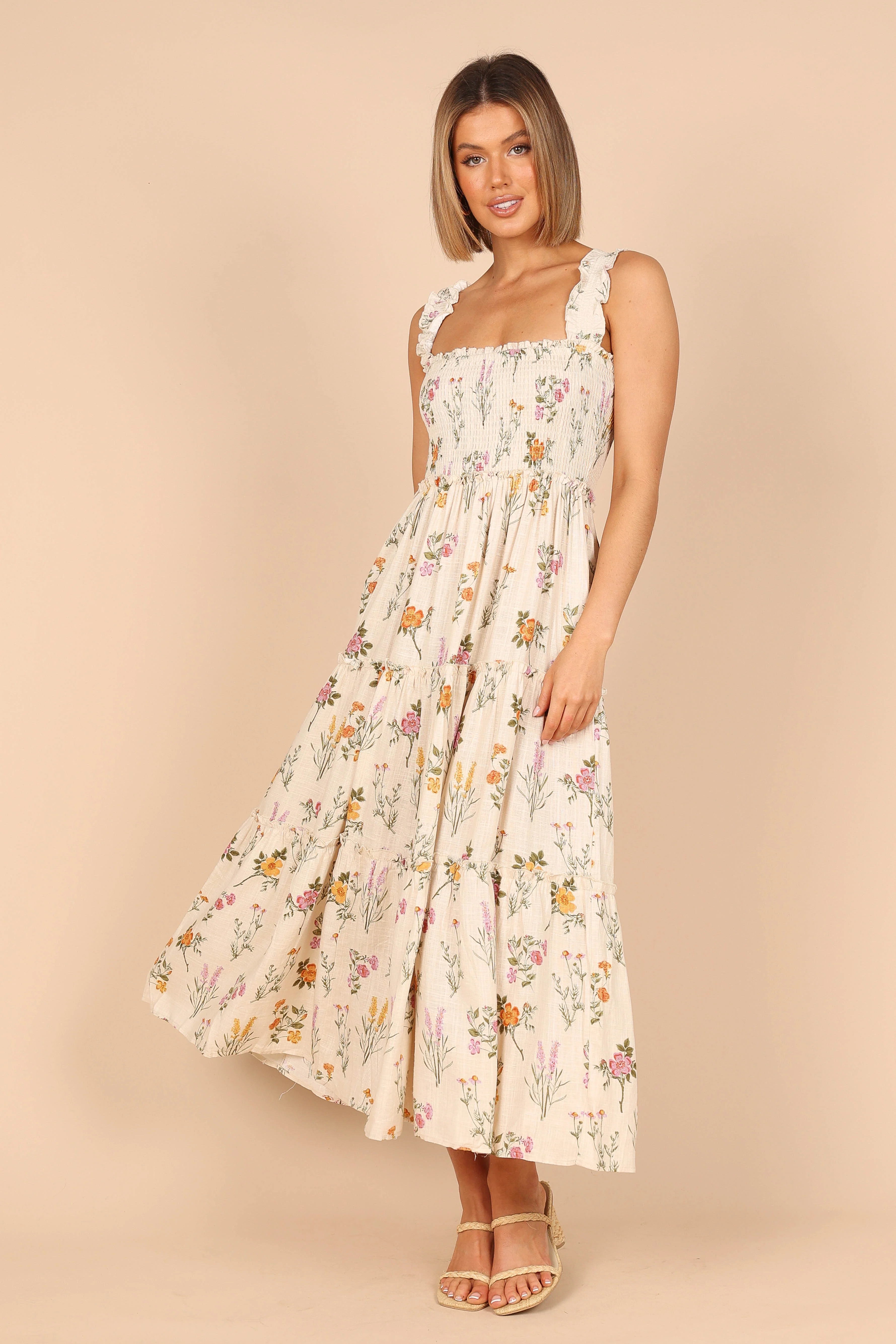 August Shirred Maxi Dress - Beige Floral - Image 3