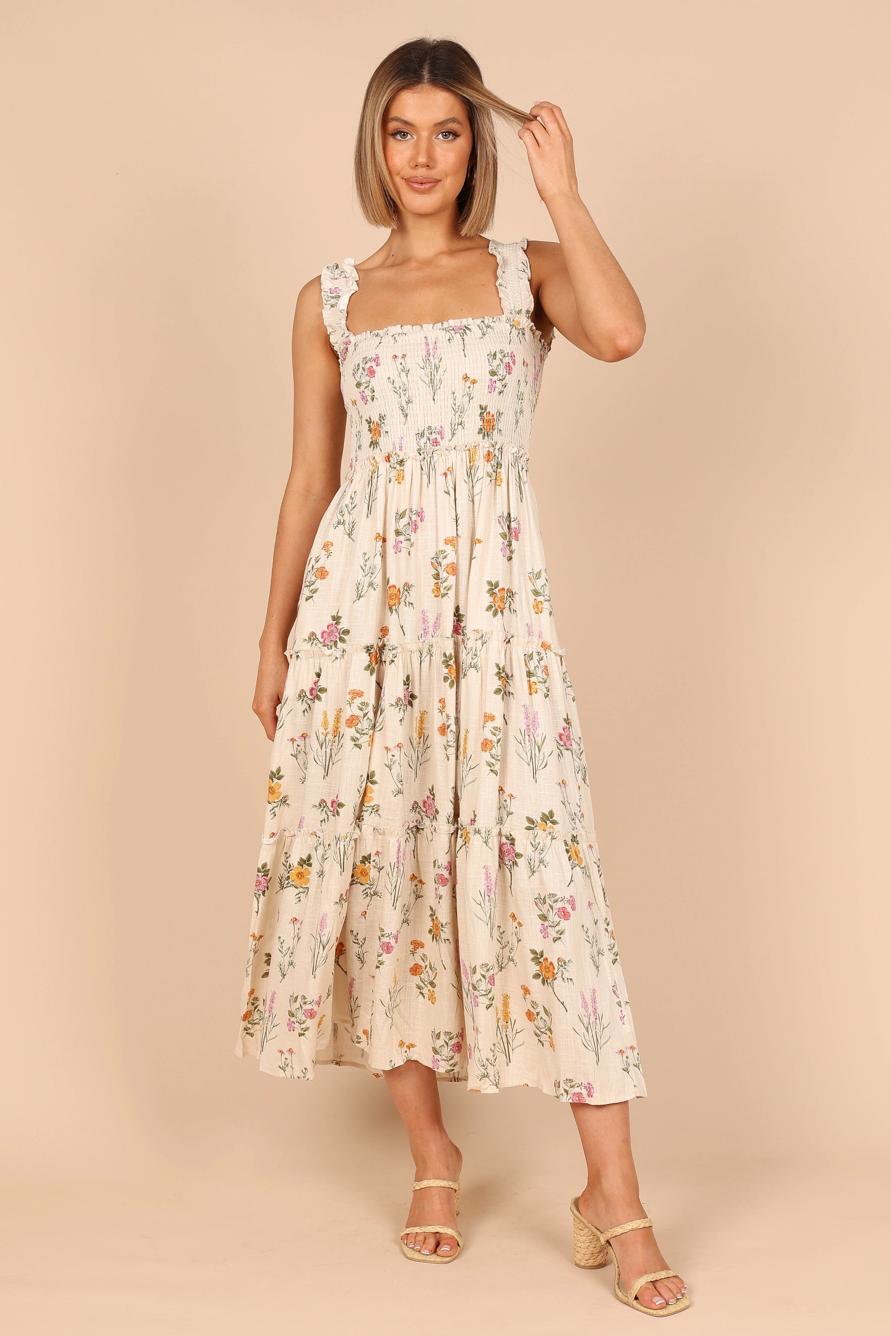 August Shirred Maxi Dress - Beige Floral - Image 8