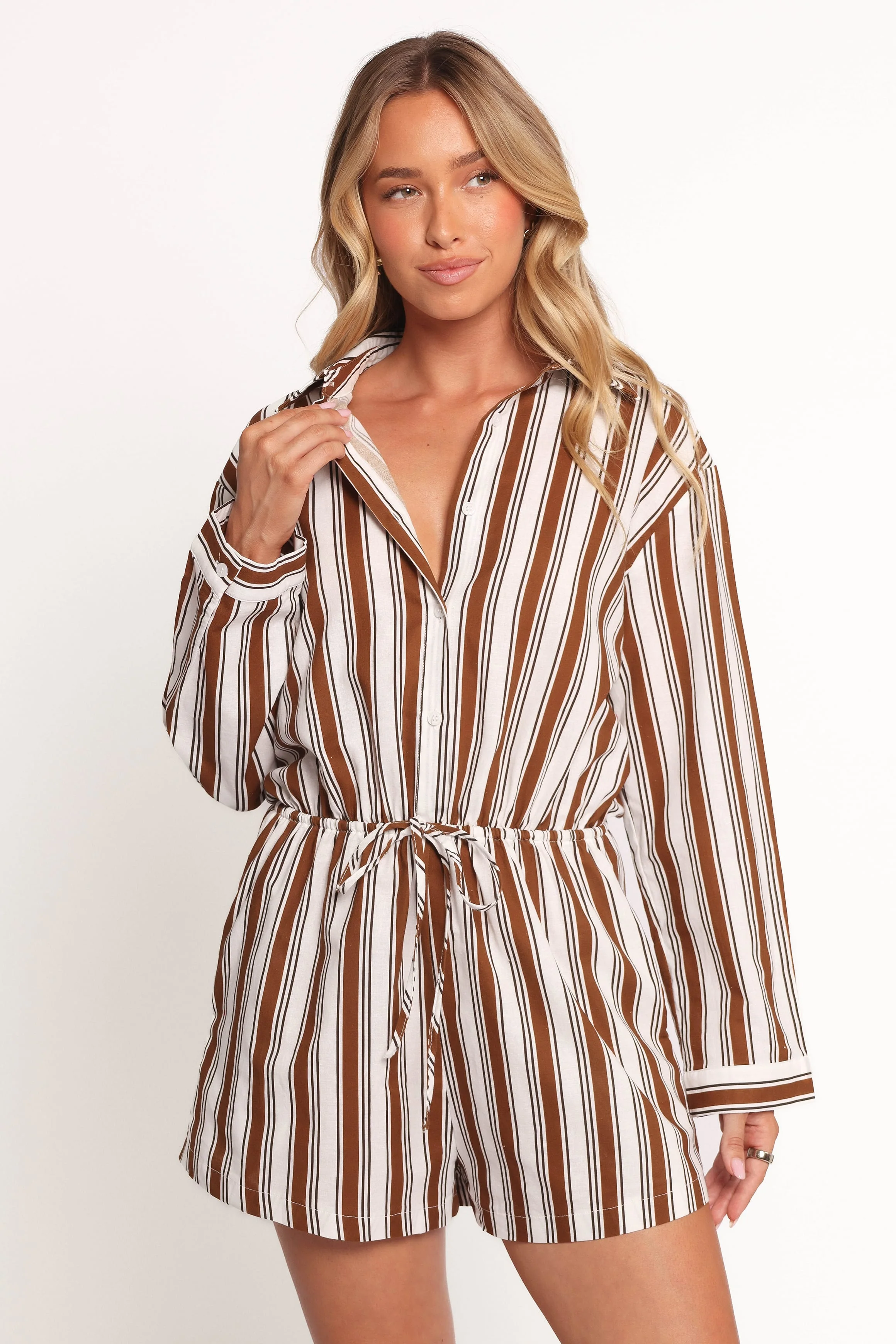 Beau Long Sleeve Playsuit - Chocolate Stripe - Image 2