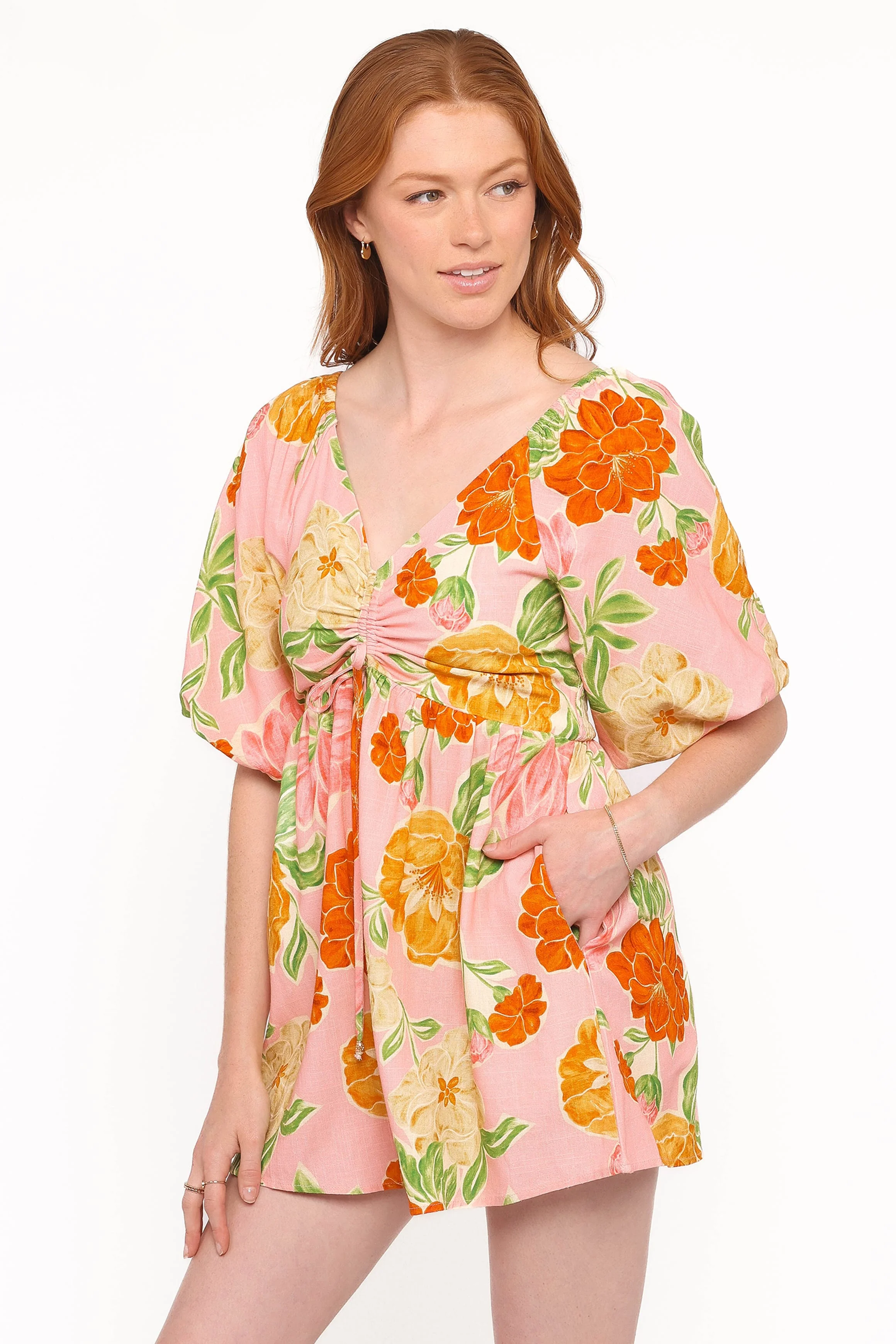 Blaire Puff Sleeve Playsuit - Pink Floral - Image 3