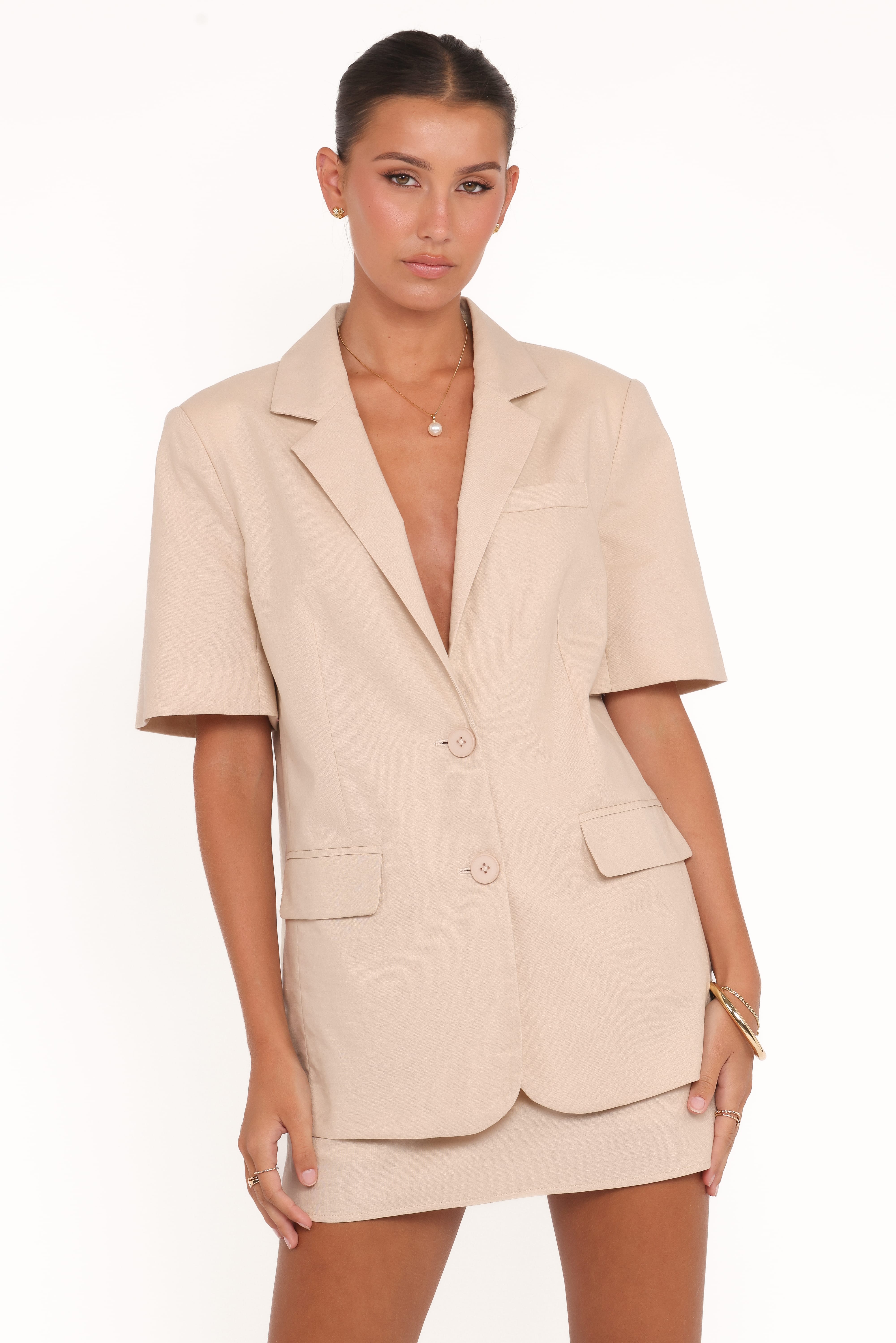 Brielle Short Sleeve Blazer Top - Beige - Image 2