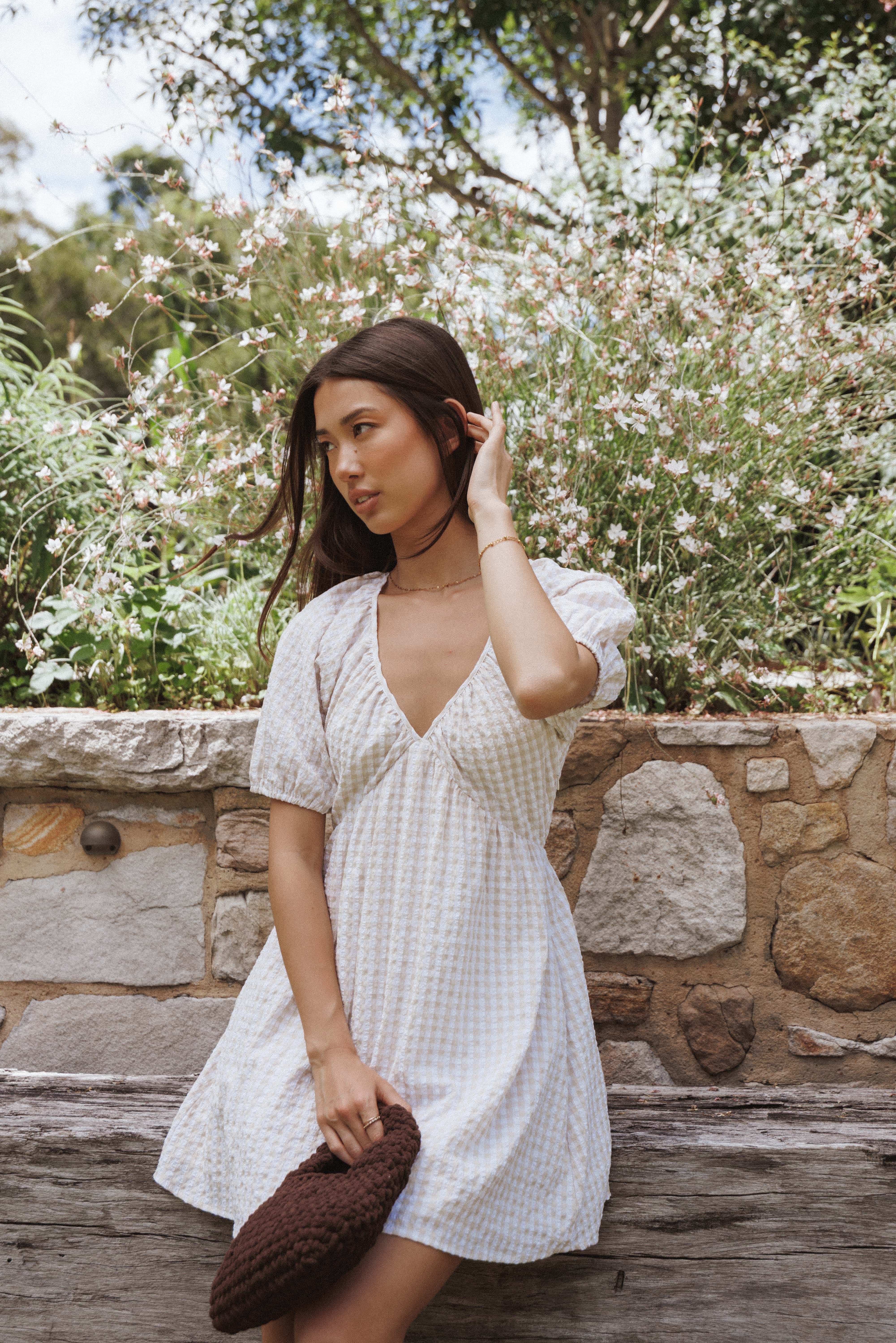 Cadhla Mini Dress - Beige Gingham - Image 8