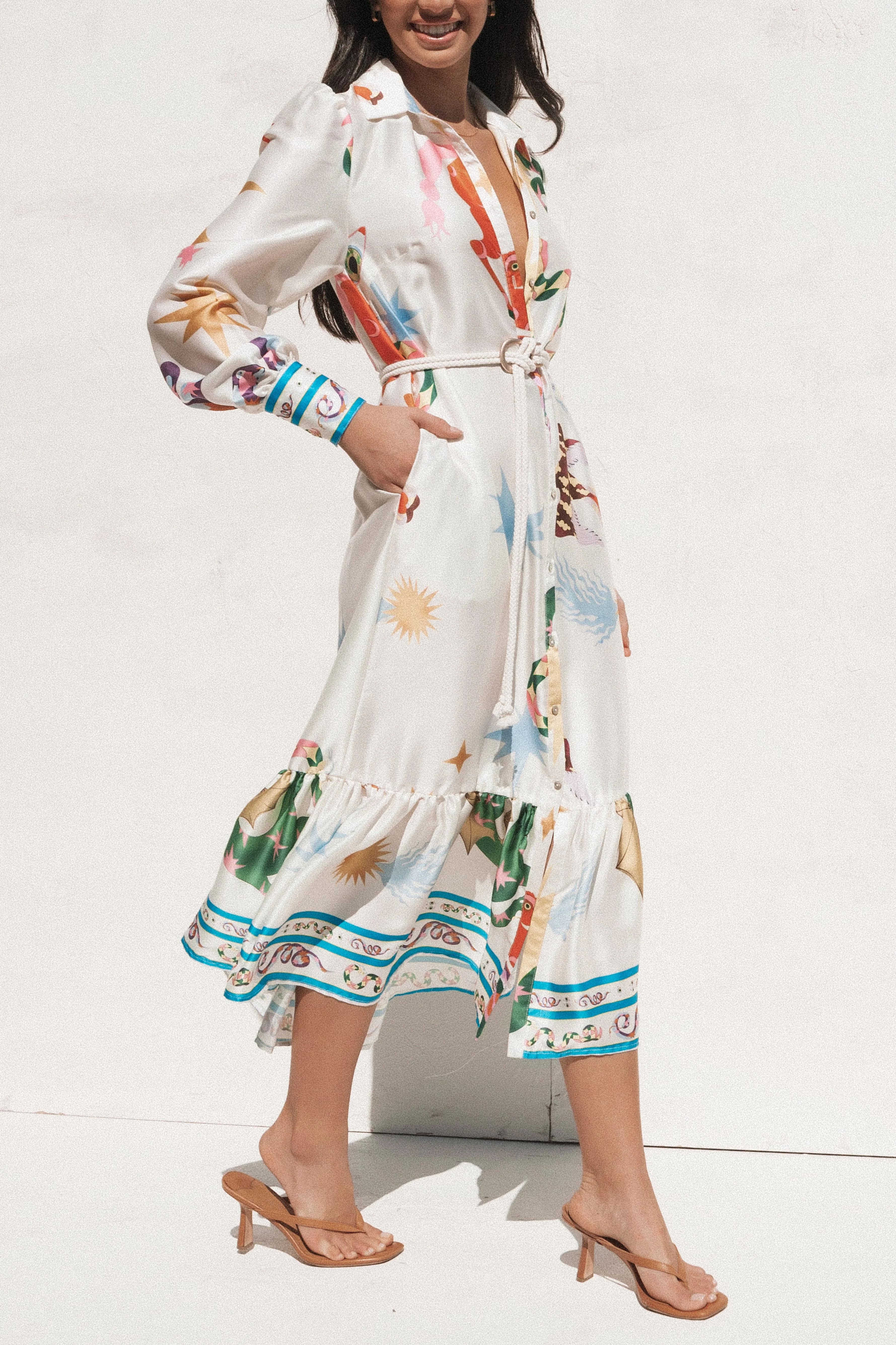 Calie Long Sleeve Midi Dress - White/Orange - Image 2