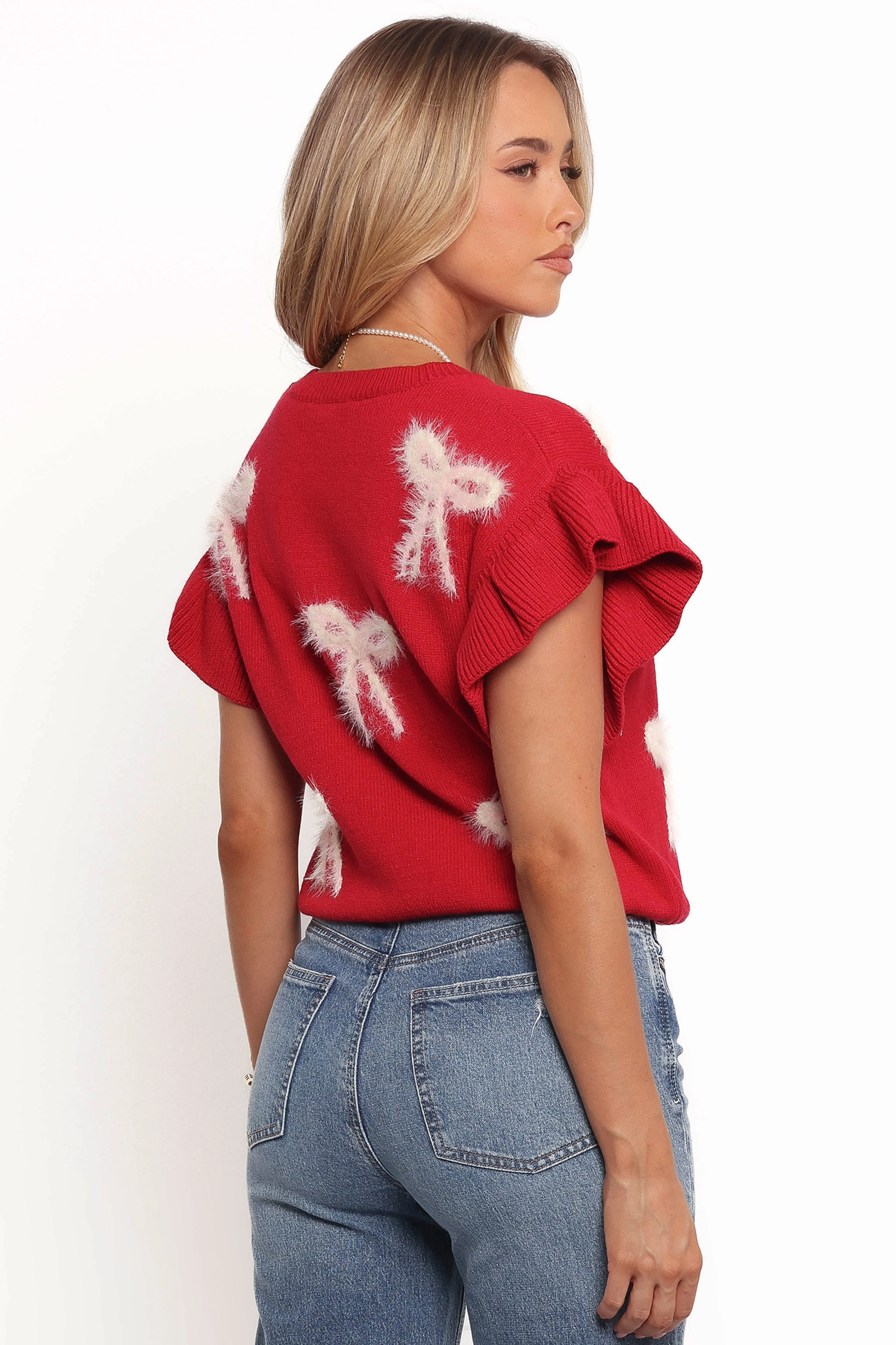 Cherish Ruffle Sleeve Bow Knit Sweater - Red - Image 4
