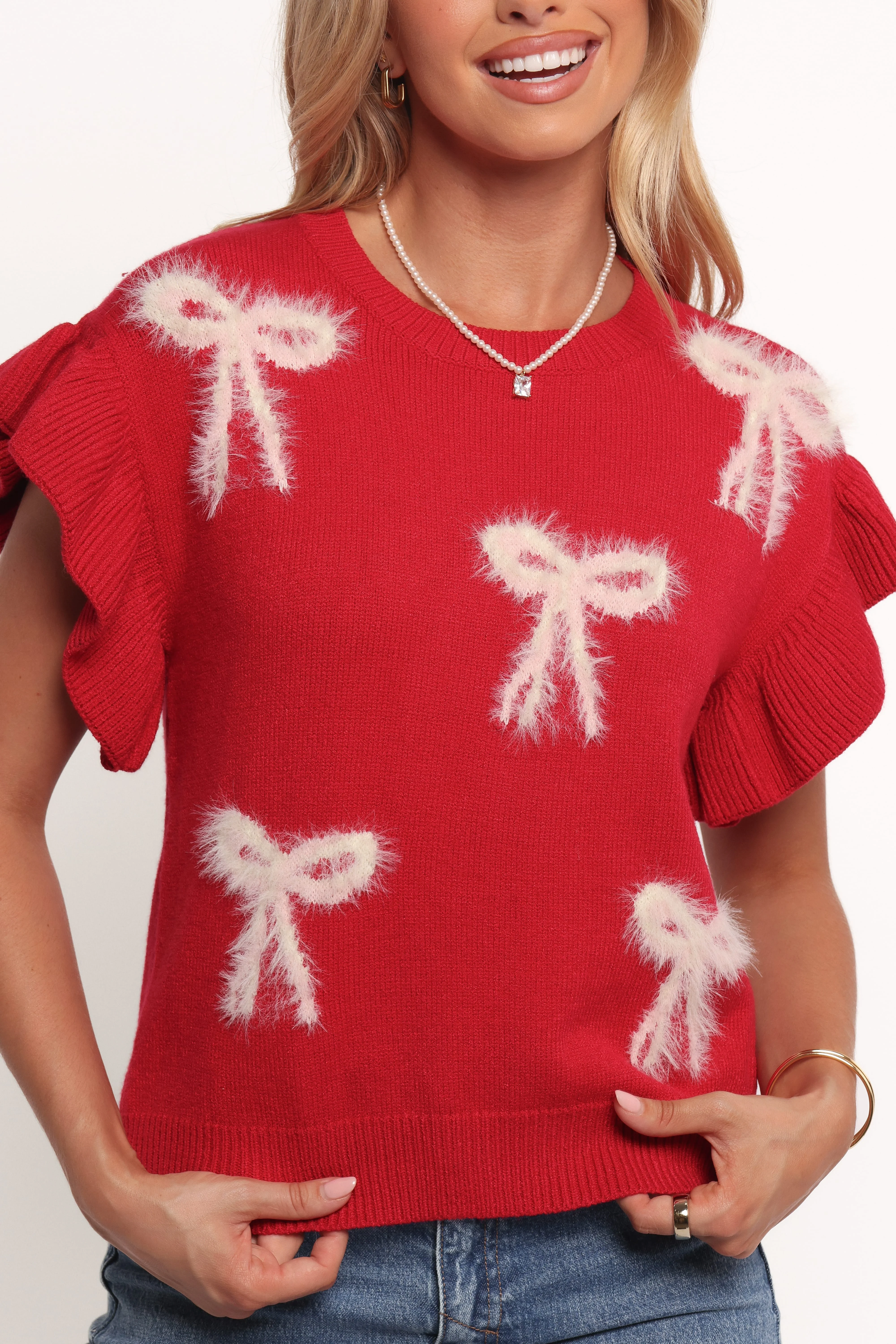 Cherish Ruffle Sleeve Bow Knit Sweater - Red - Image 6