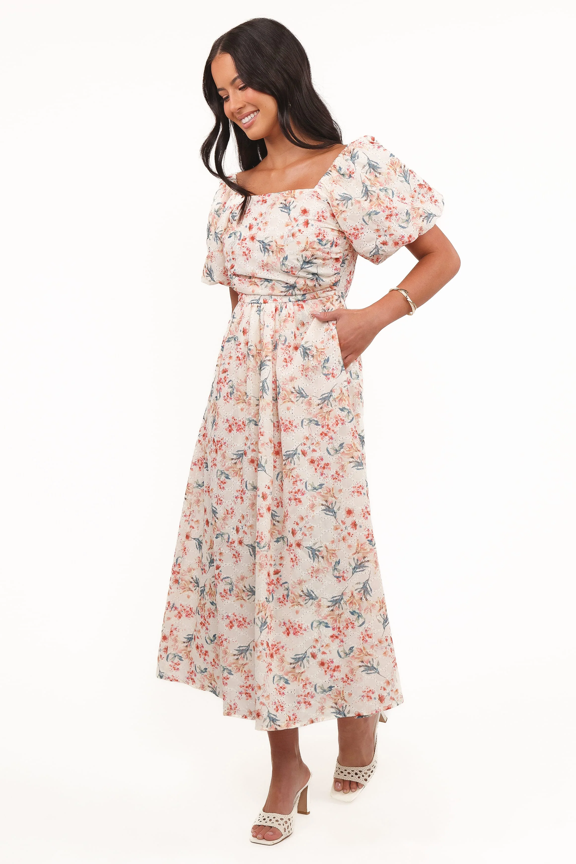 Clo Puff Sleeve Midi Dress - Ivory Floral - Image 3