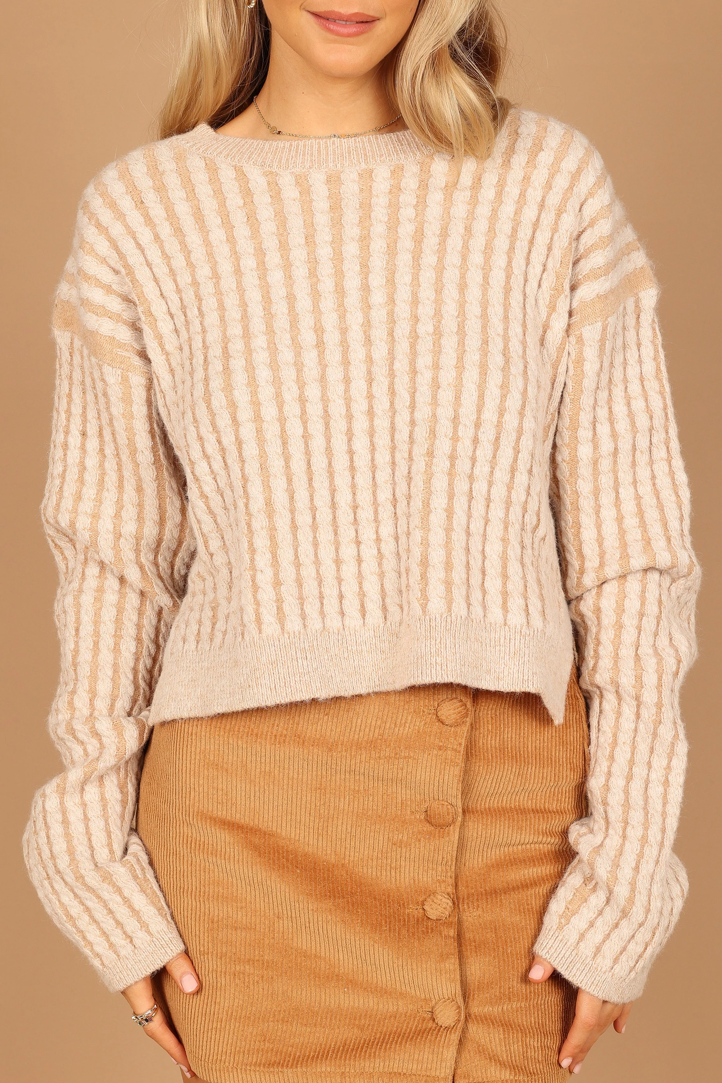 Dakota Crew Neck Oversized Sleeve Knit Sweater - Light Brown - Image 2
