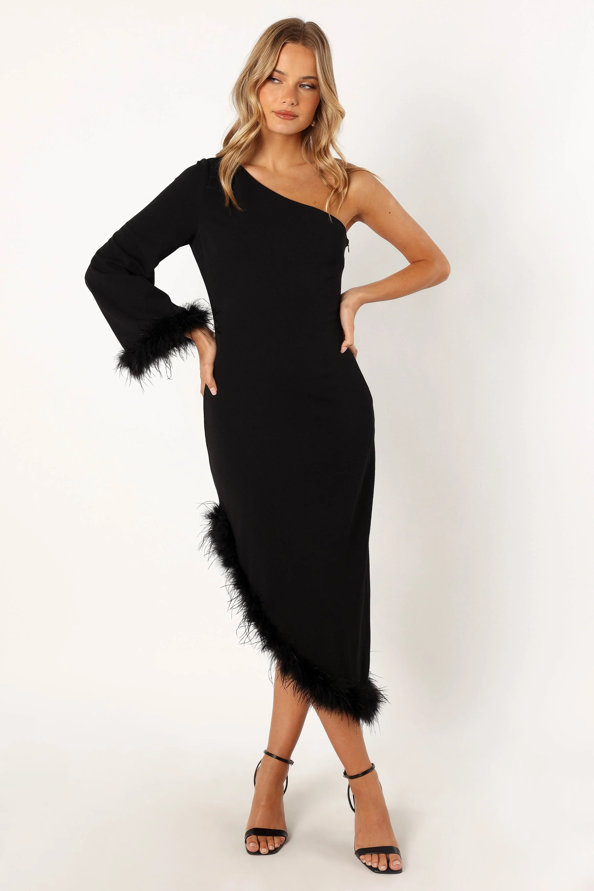 Dame One Shoulder Feather Midi Dress - Black - Image 3