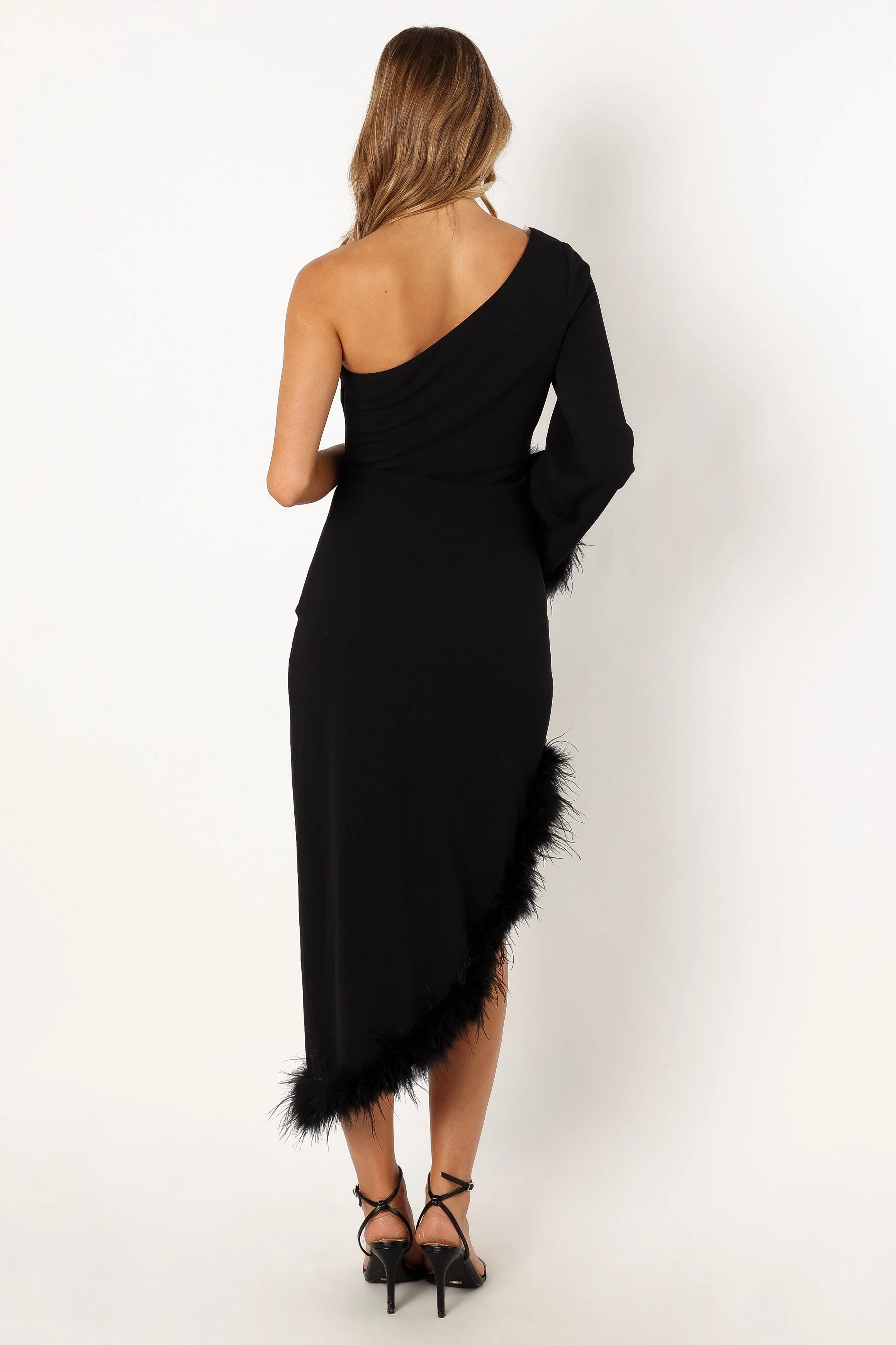 Dame One Shoulder Feather Midi Dress - Black - Image 5
