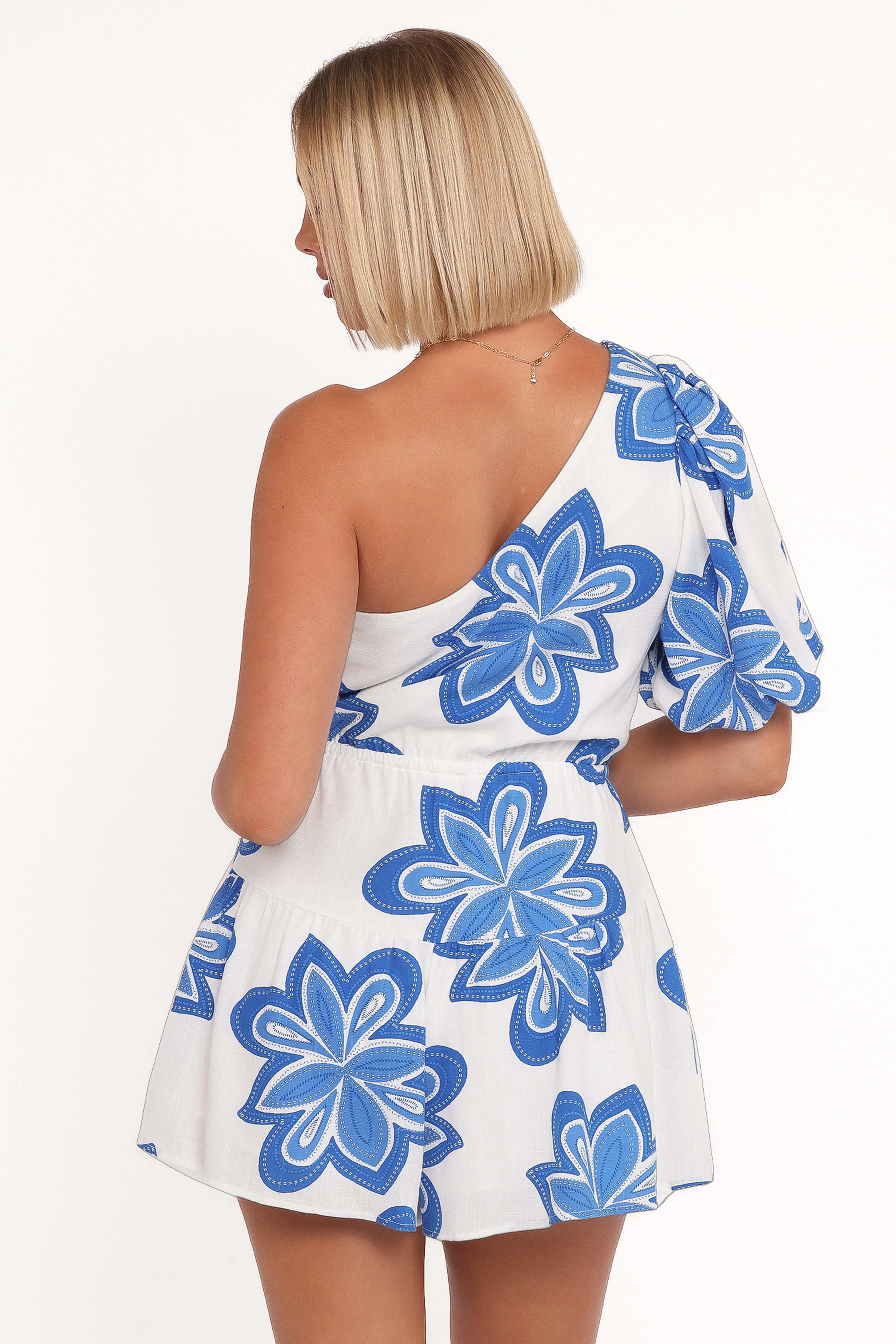 Delphine One Shoulder Playsuit - White Blue - Image 3