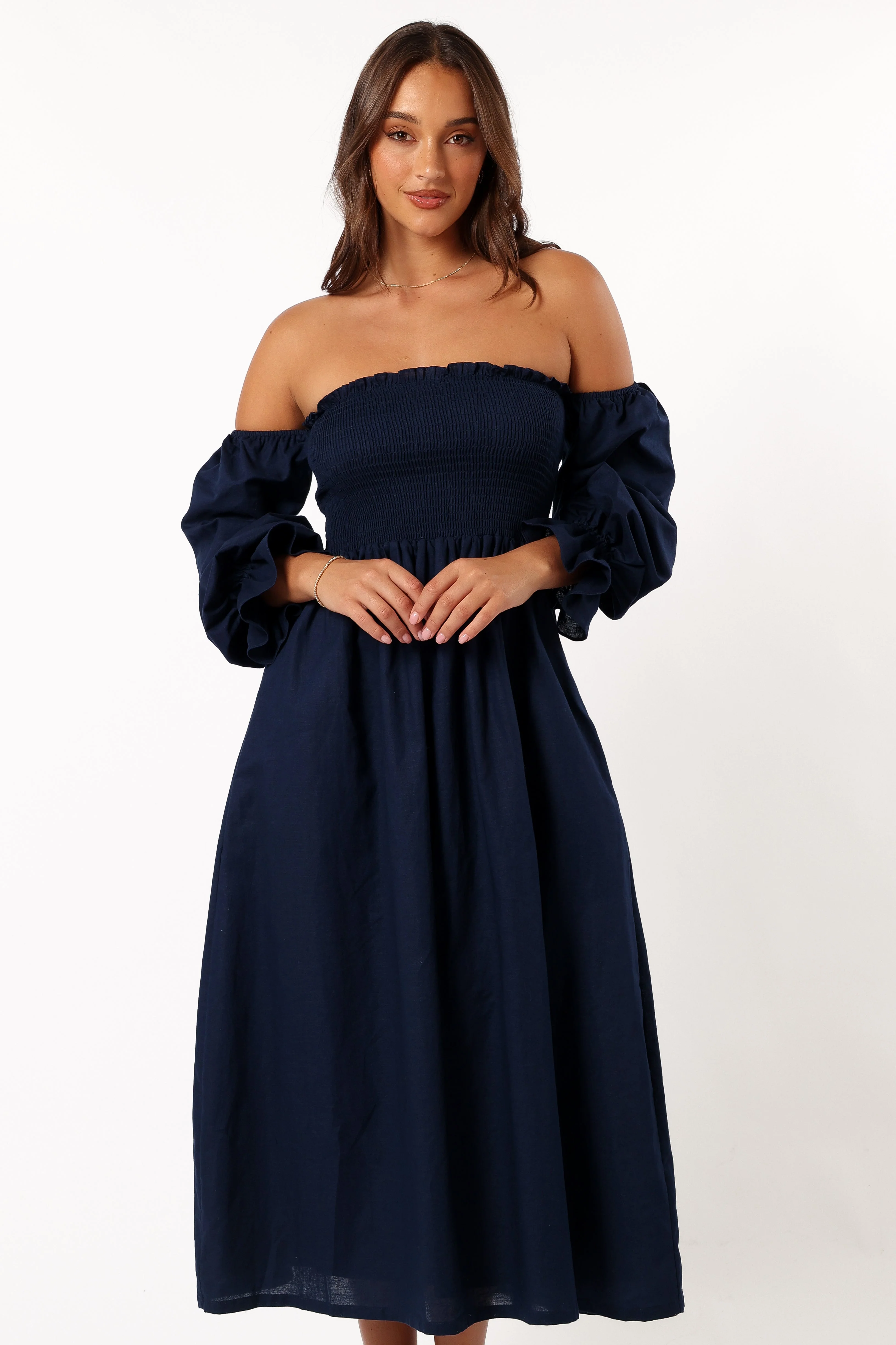 Domenica Shirred Long Sleeve Dress - Navy - Image 3