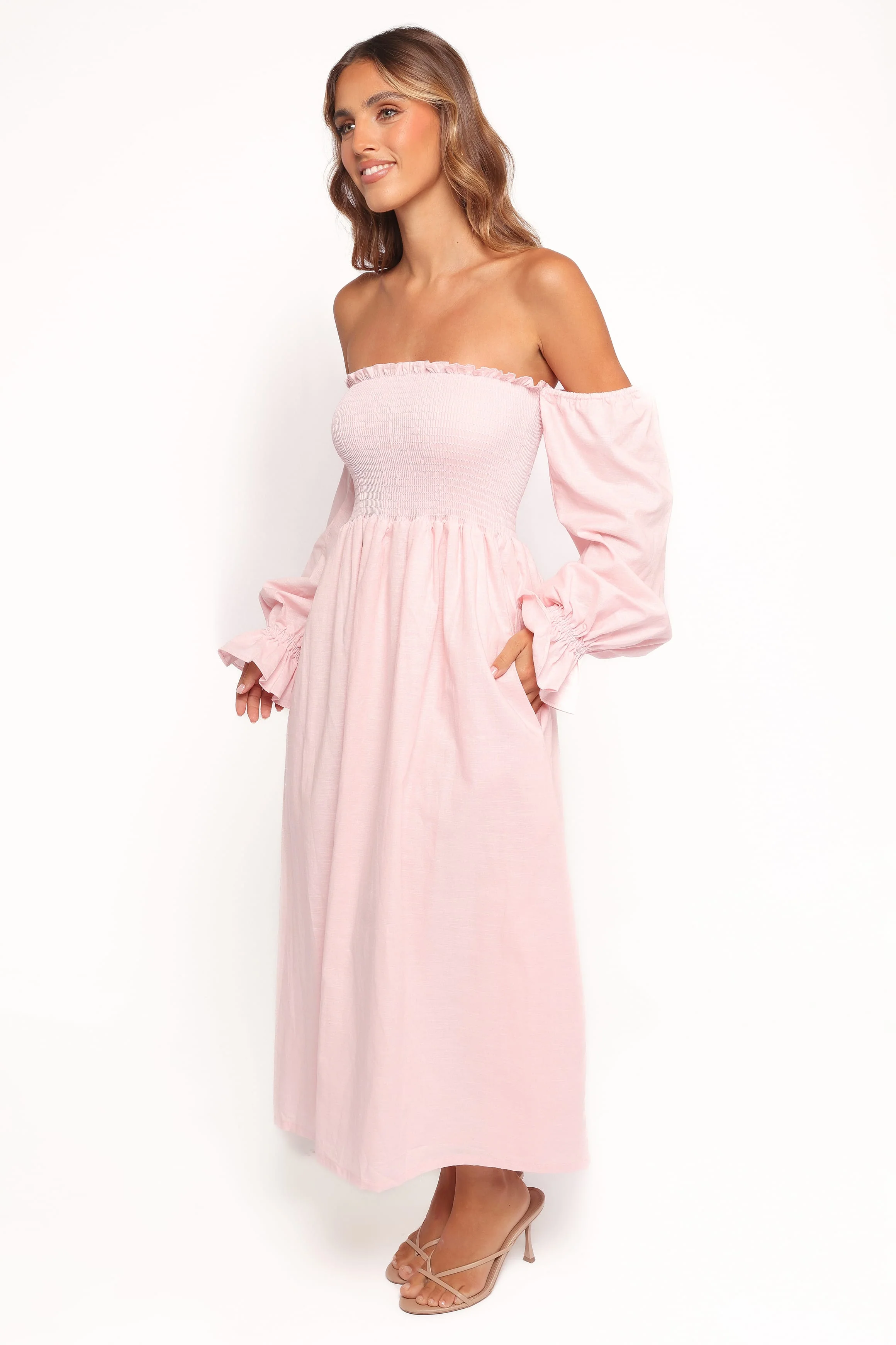 Domenica Shirred Long Sleeve Midi Dress - Pink - Image 3