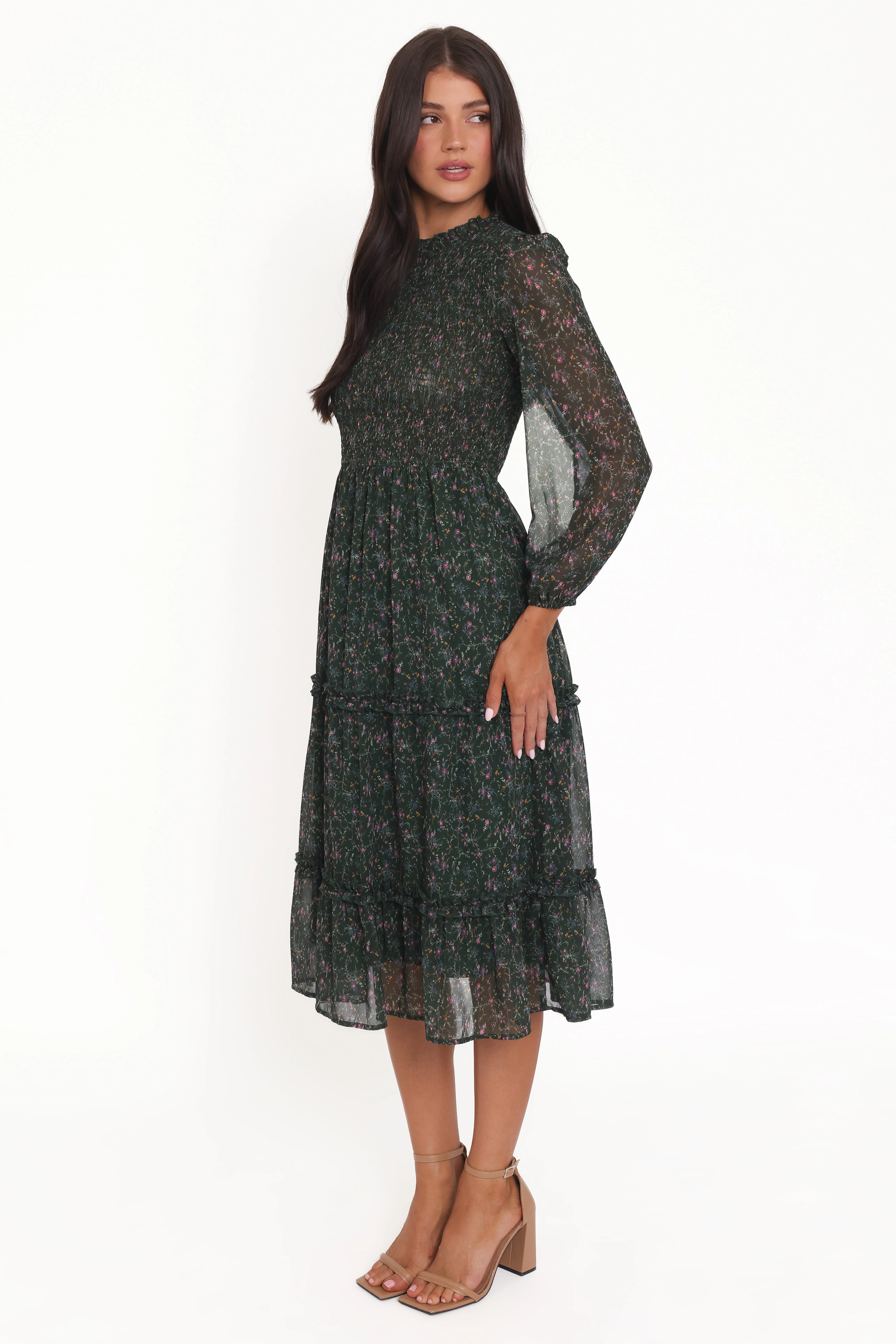 Edwina Shirred Frill Long Sleeve Midi Dress - Olive Floral - Image 3