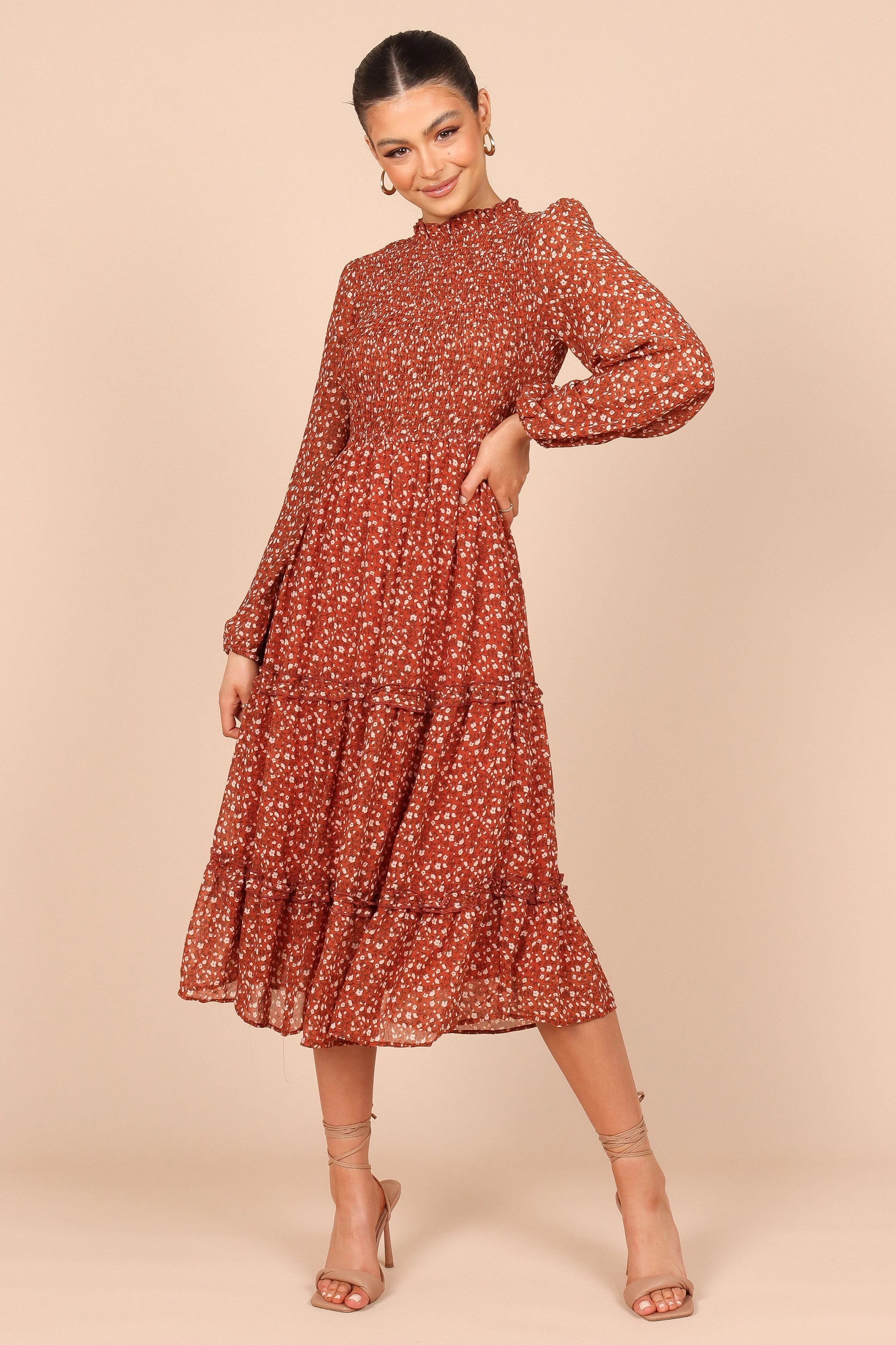 Edwina Shirred Frill Long Sleeve Midi Dress - Rust Floral - Image 6