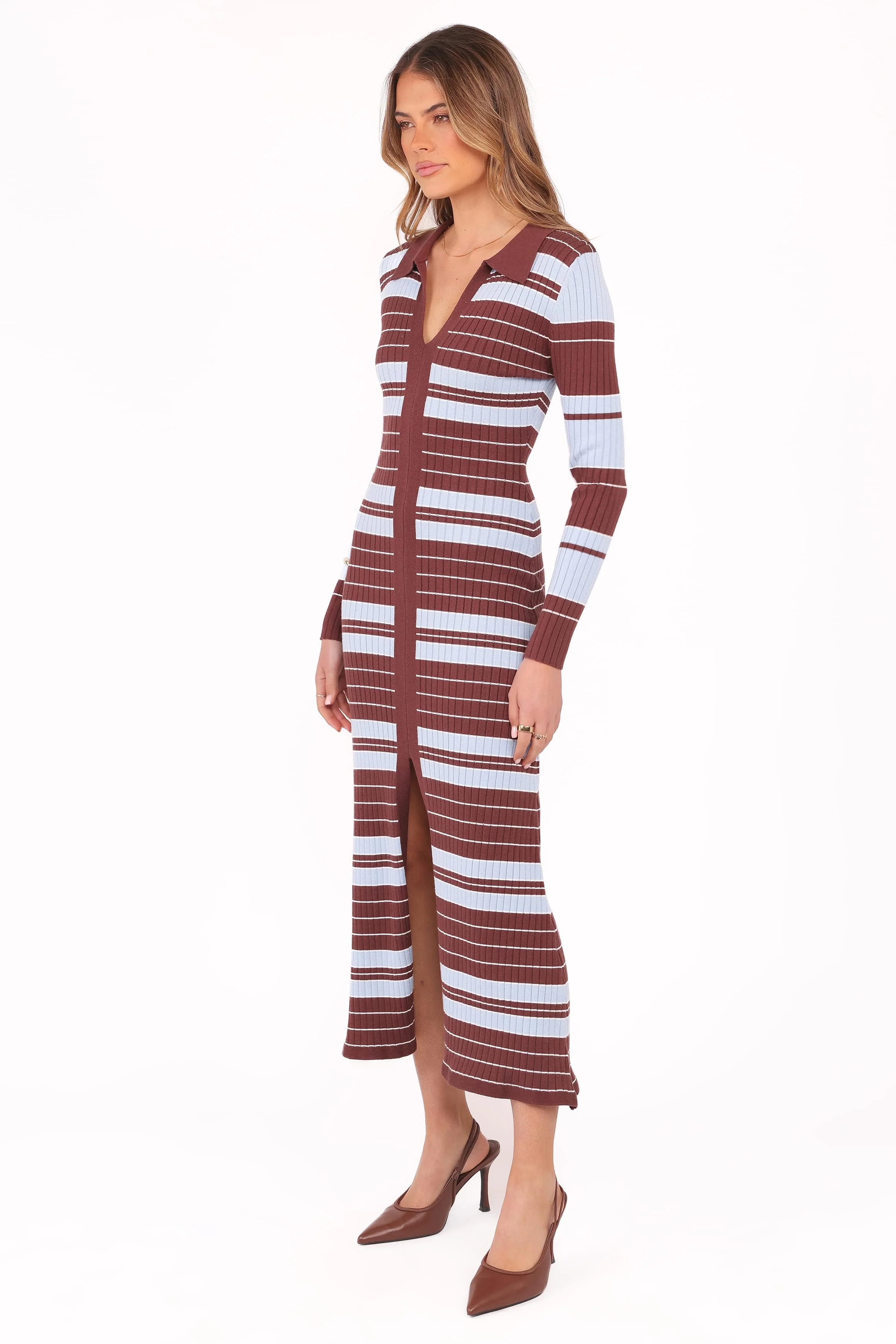 Eliana Long Sleeve Midi Dress - Brown Blue Stripe - Image 3
