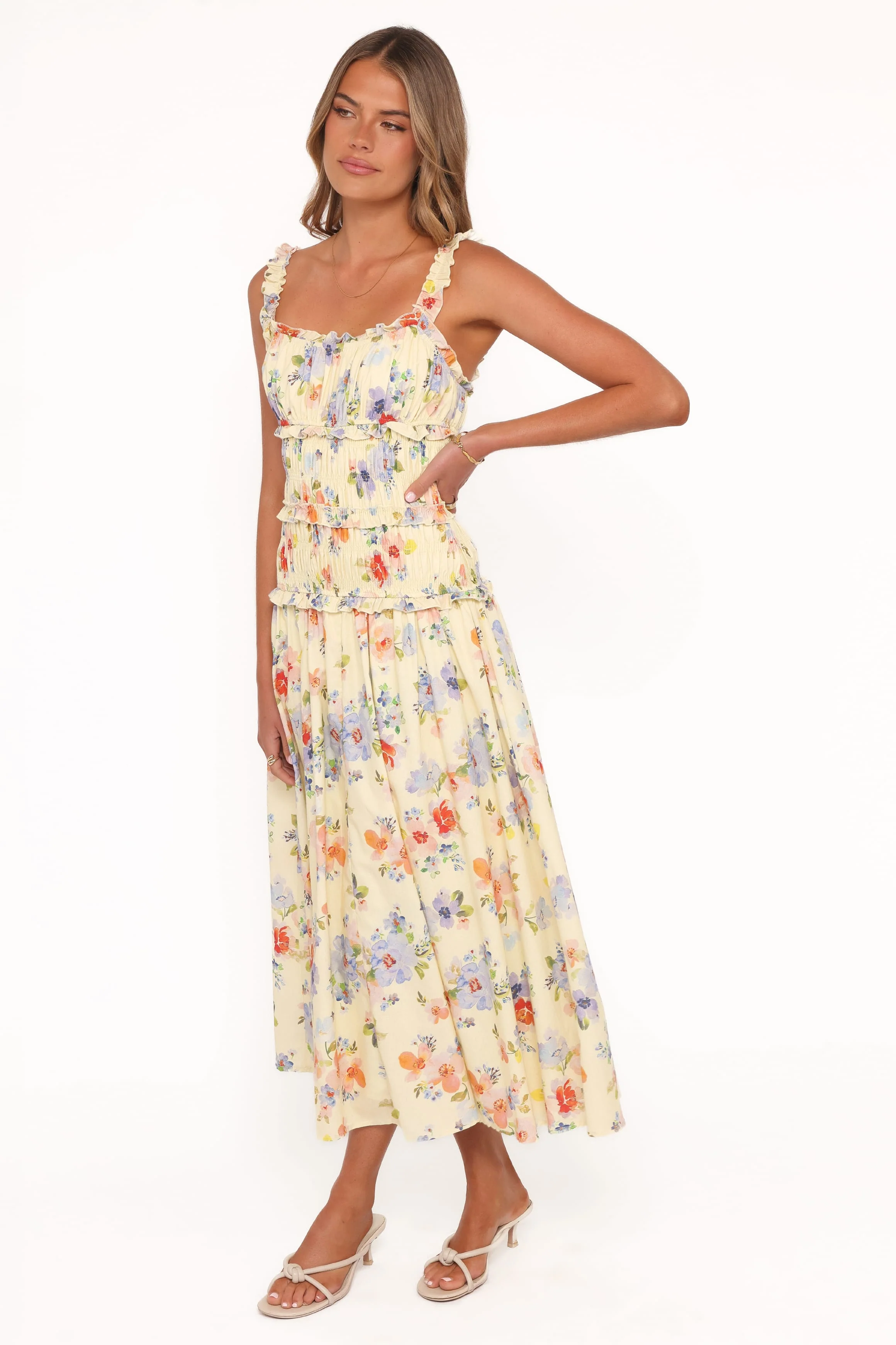 Enola Gather Midi Dress - Yellow Floral - Image 4
