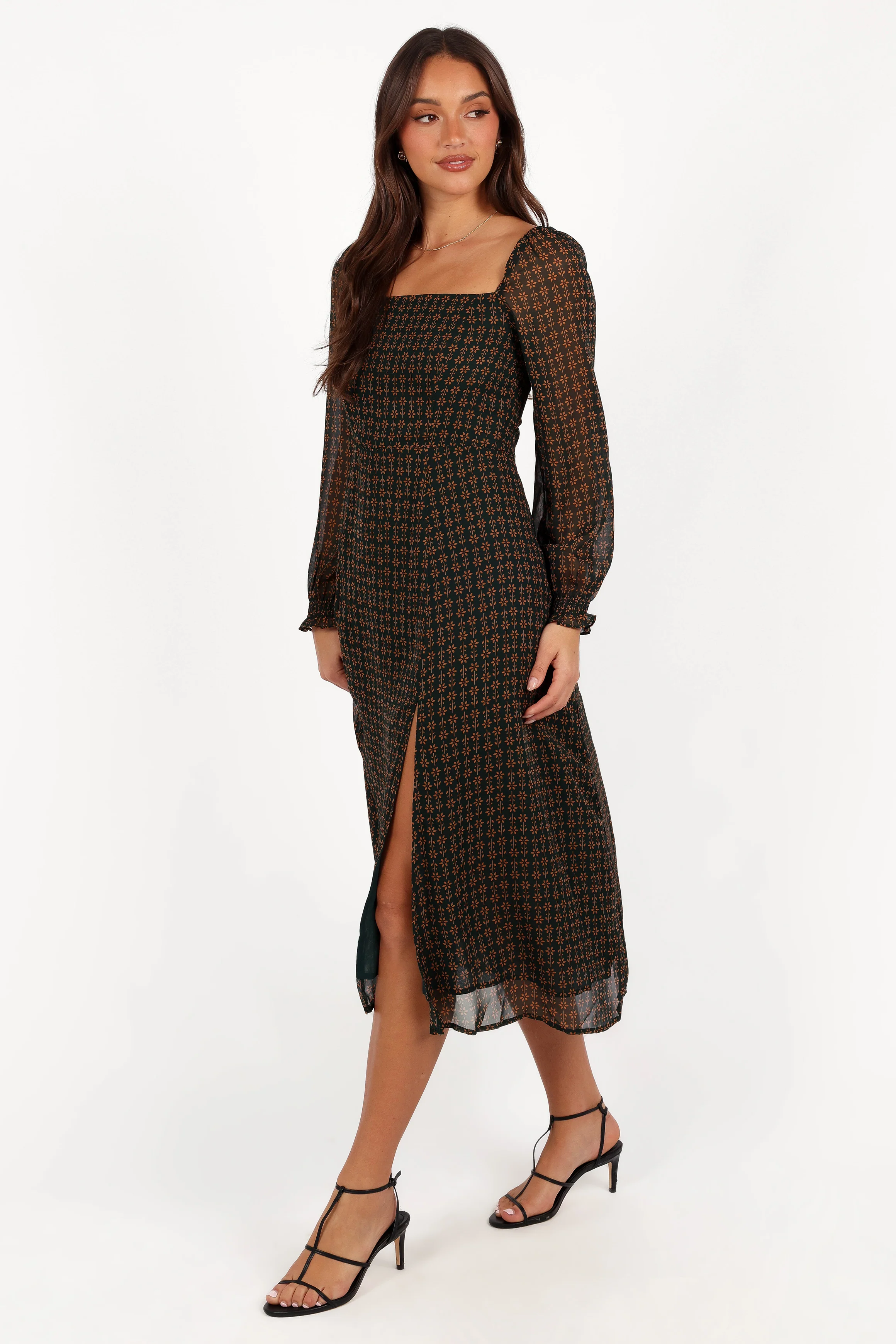 Ettie Long Sleeve Midi Dress - Pine/Tan - Image 3