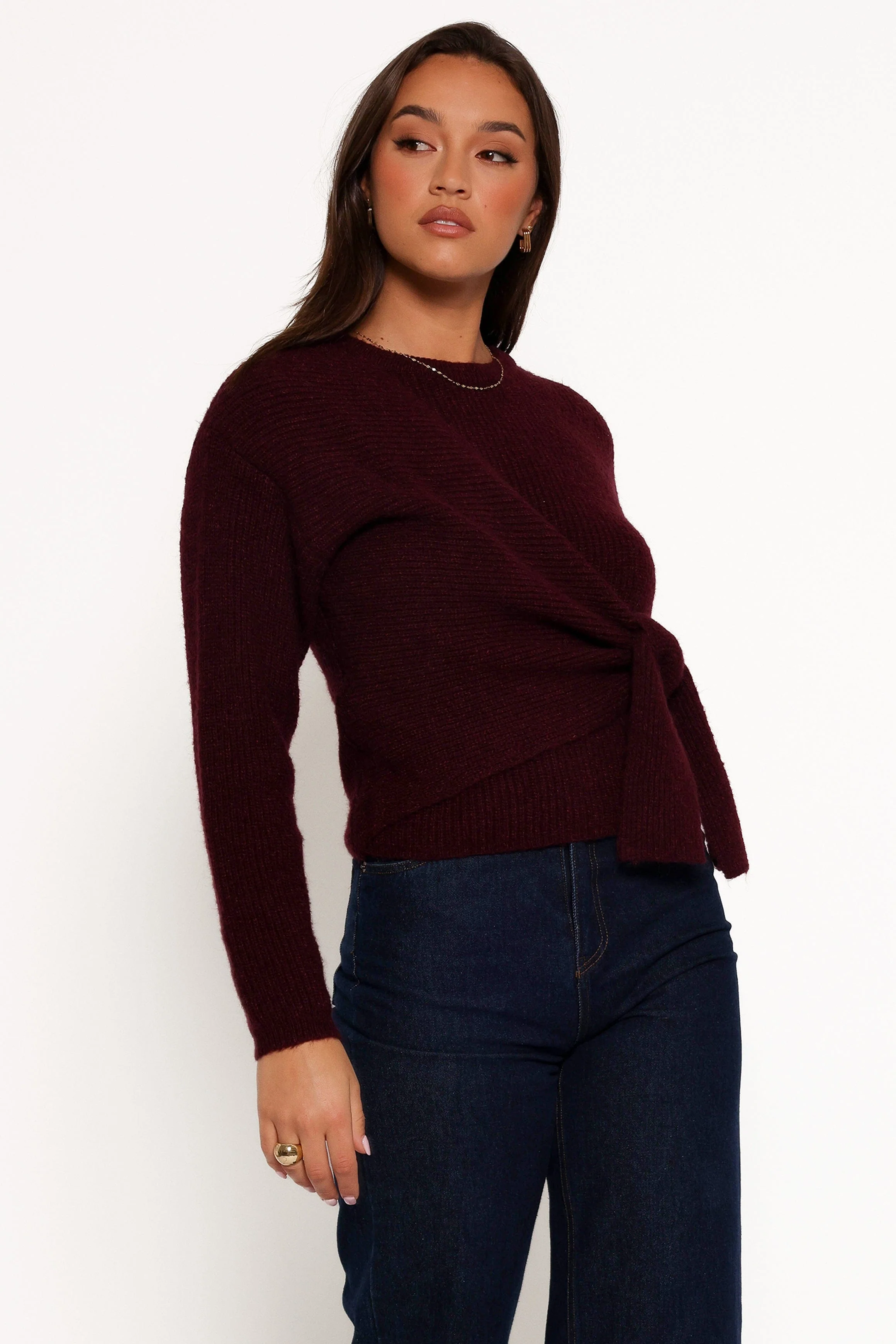 Ettie Wrap Side Tie Knit Sweater - Burgundy - Image 7
