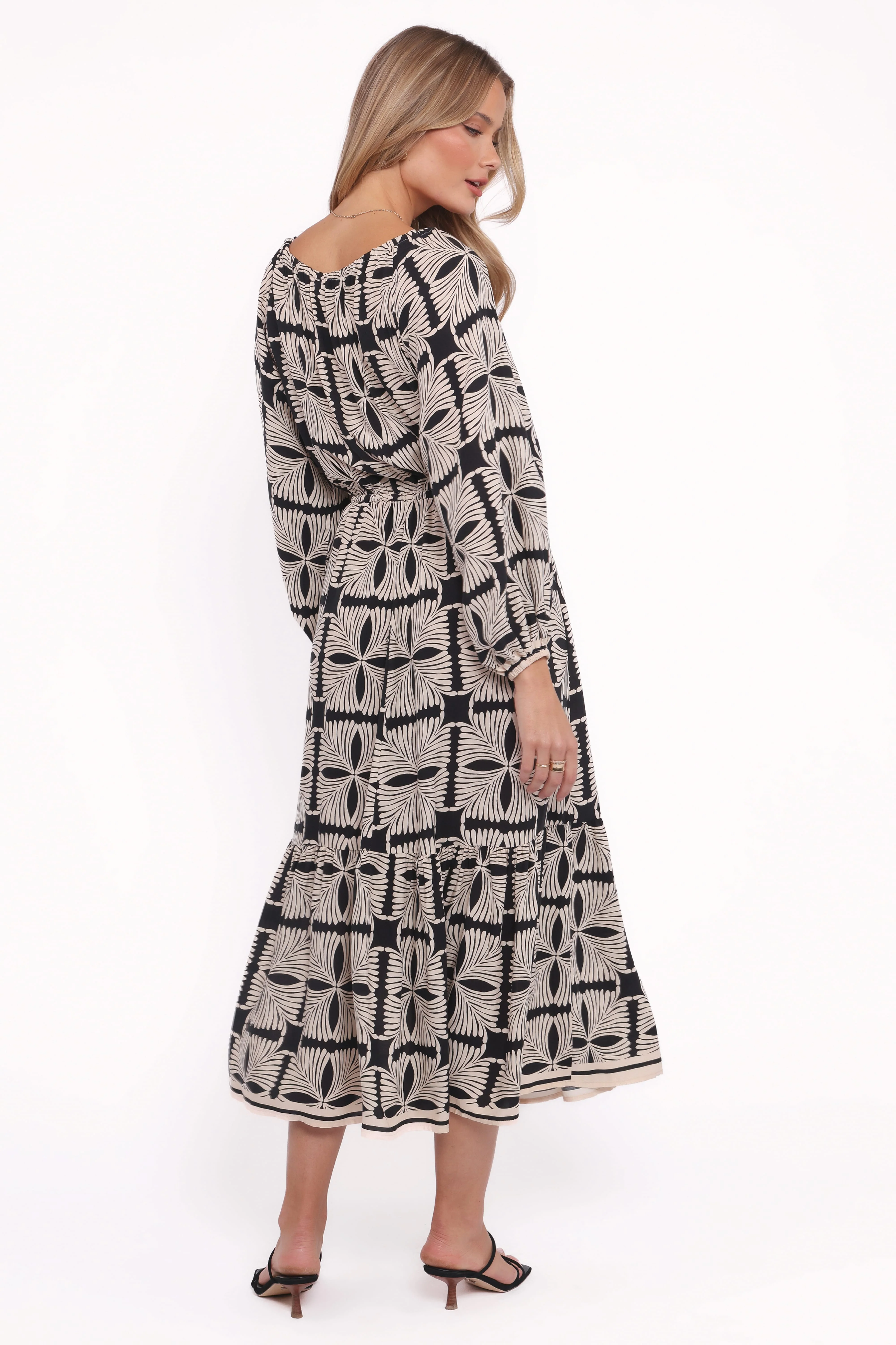 Faris Off Shoulder Midi Dress - Black Geo - Image 4