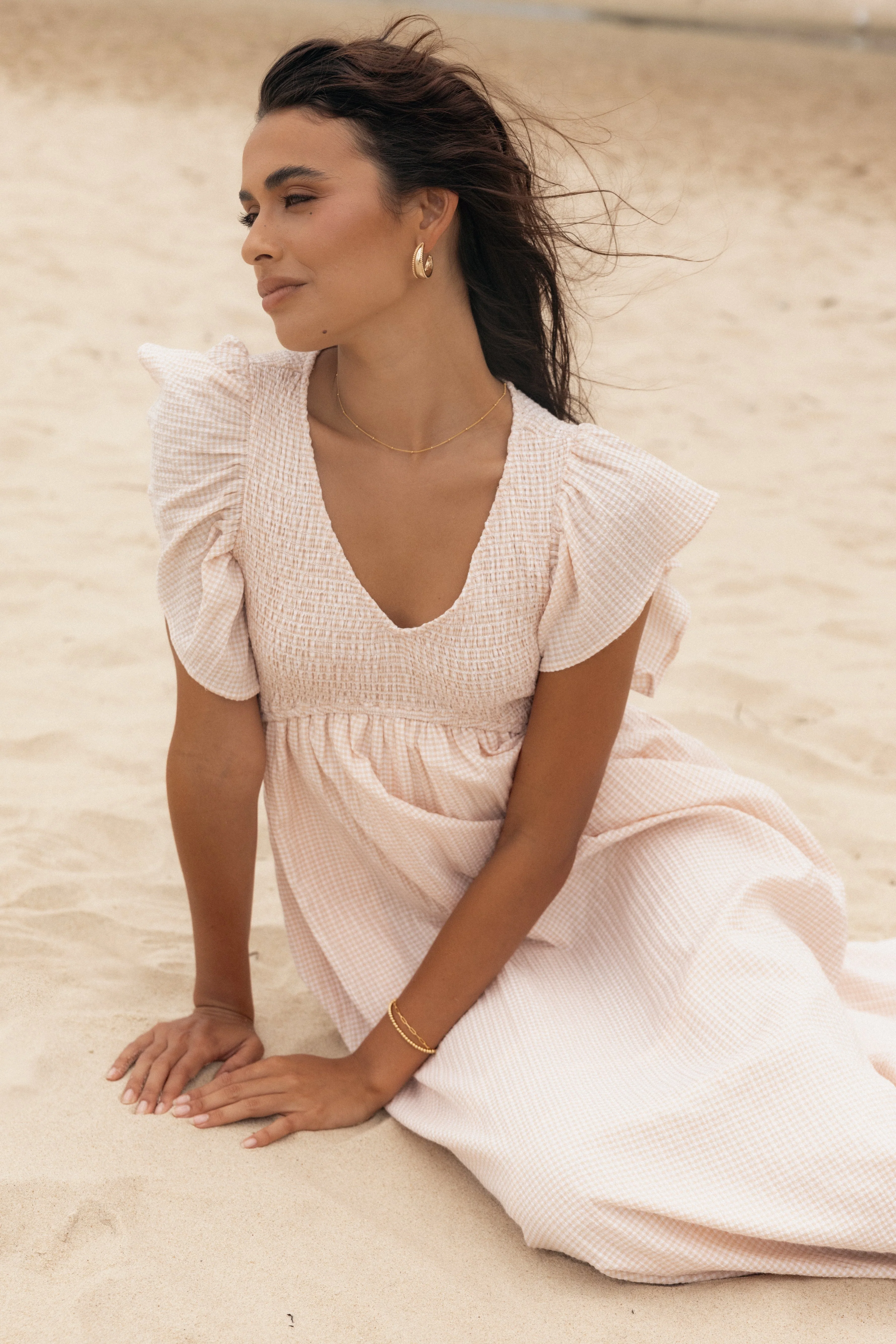 Farley Flutter Sleeve Midi Dress - Tan Gingham - Image 2