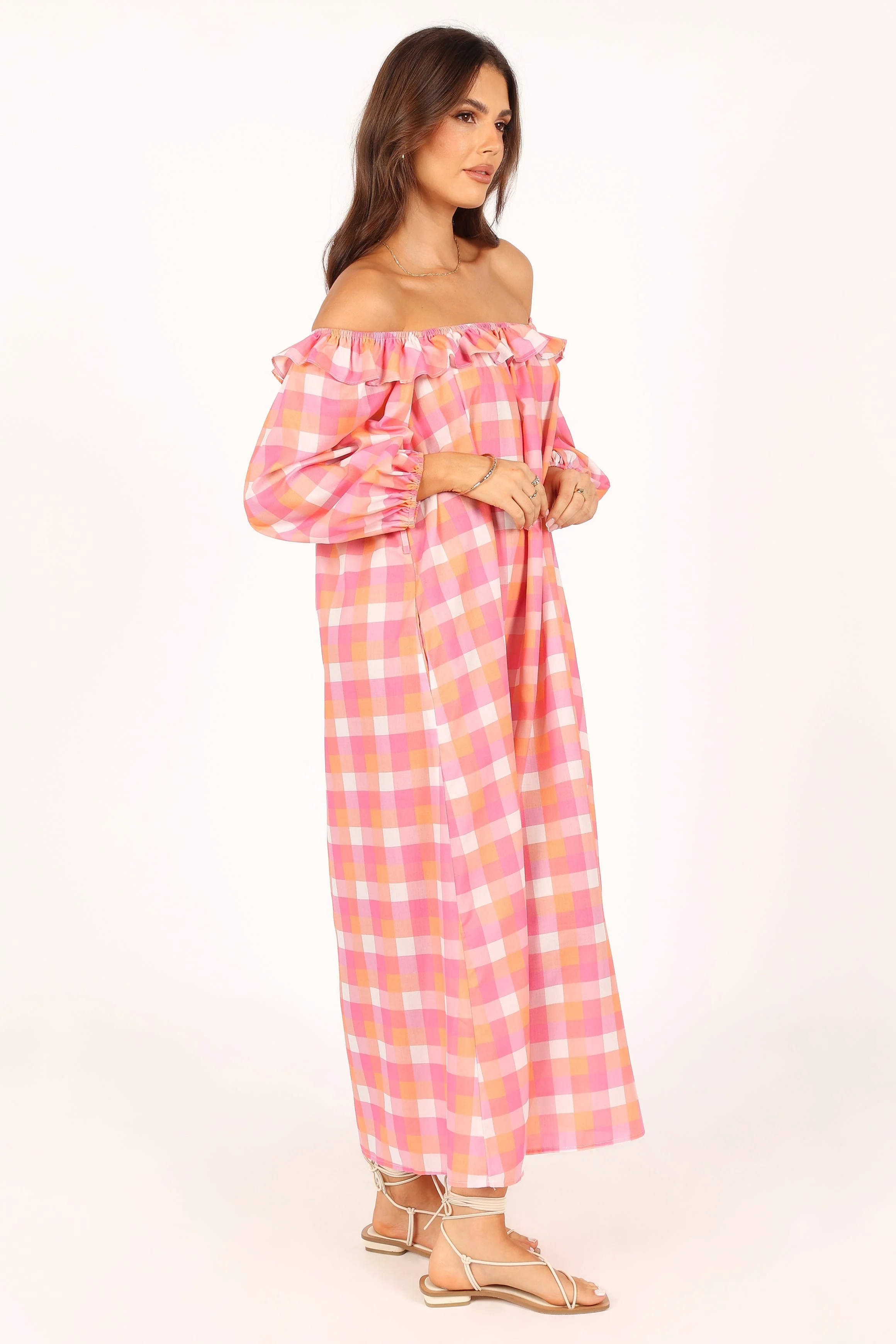 Georgia Off Shoulder Midi Dress - Pink Gingham - Image 11