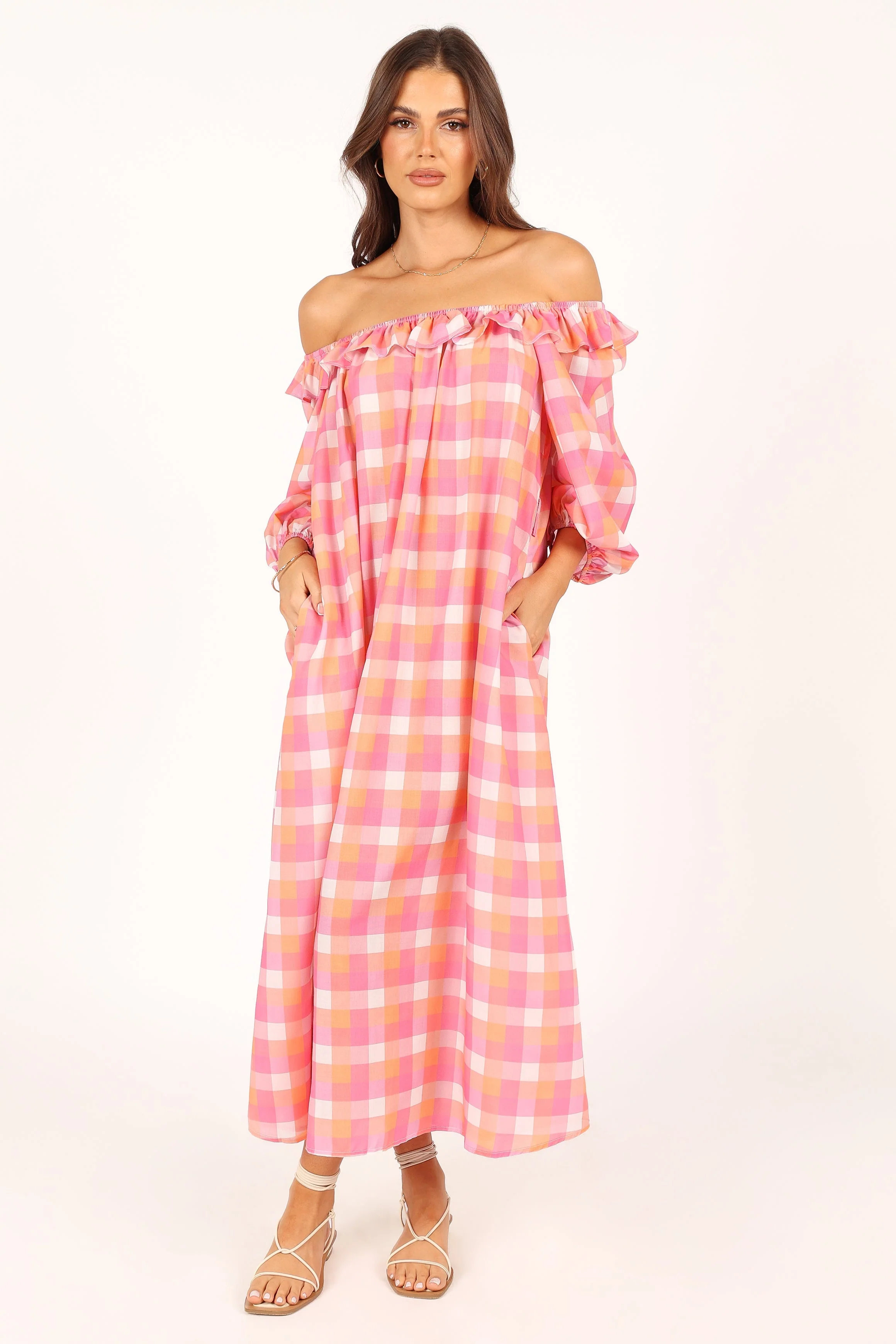 Georgia Off Shoulder Midi Dress - Pink Gingham - Image 3