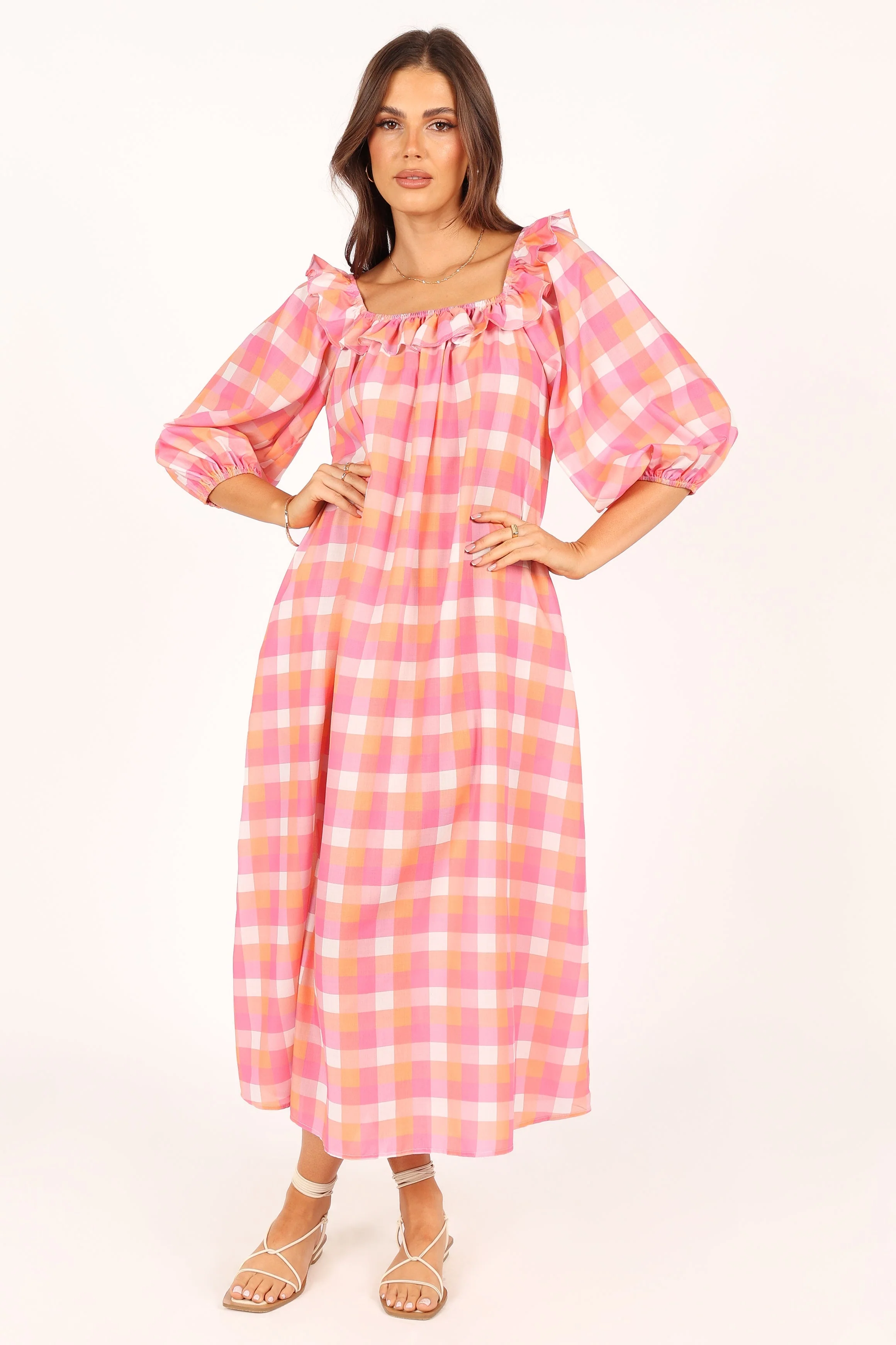 Georgia Off Shoulder Midi Dress - Pink Gingham - Image 6
