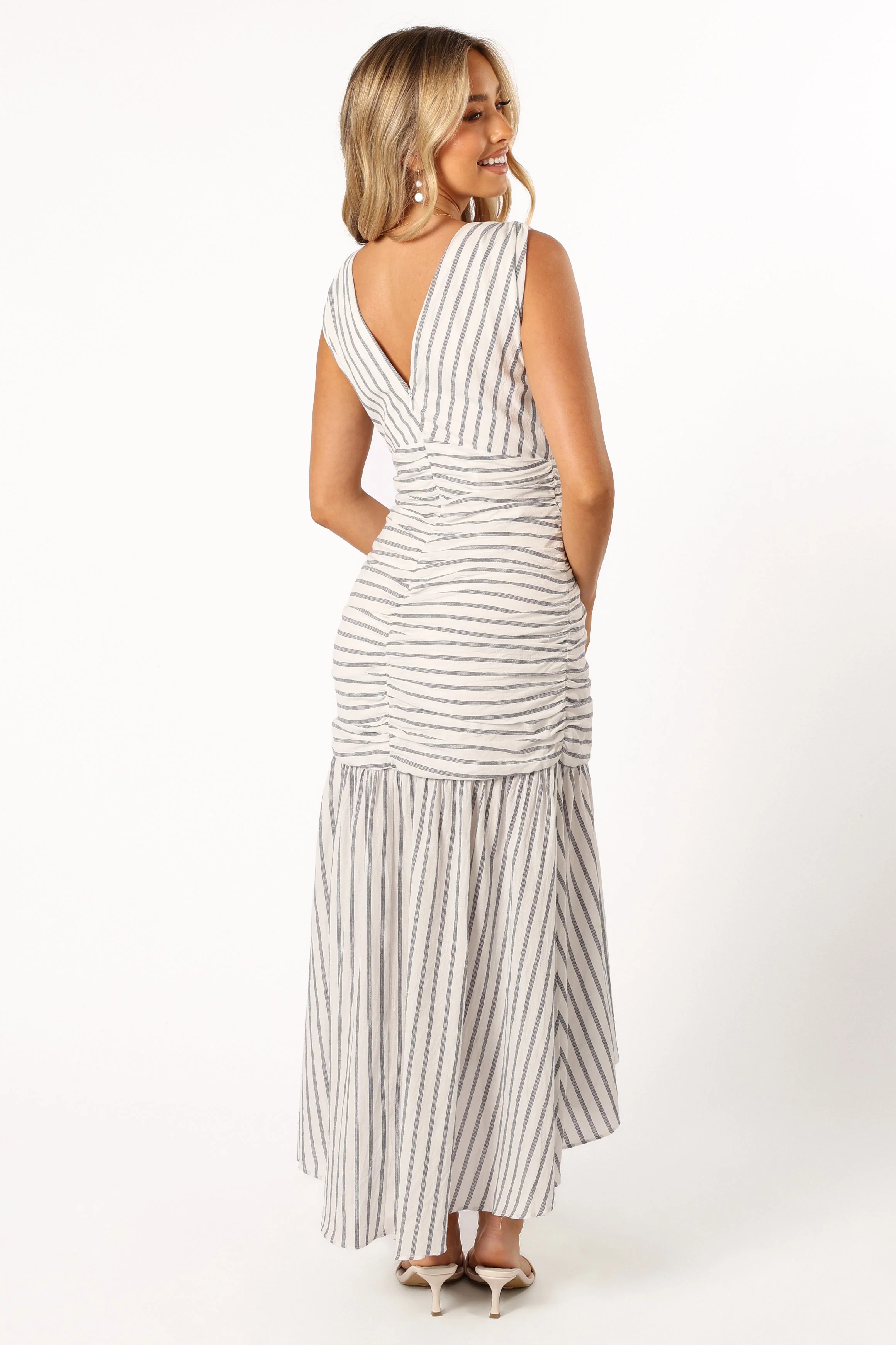 Georgia Ruched Midi Dress - Navy Stripe - Image 4