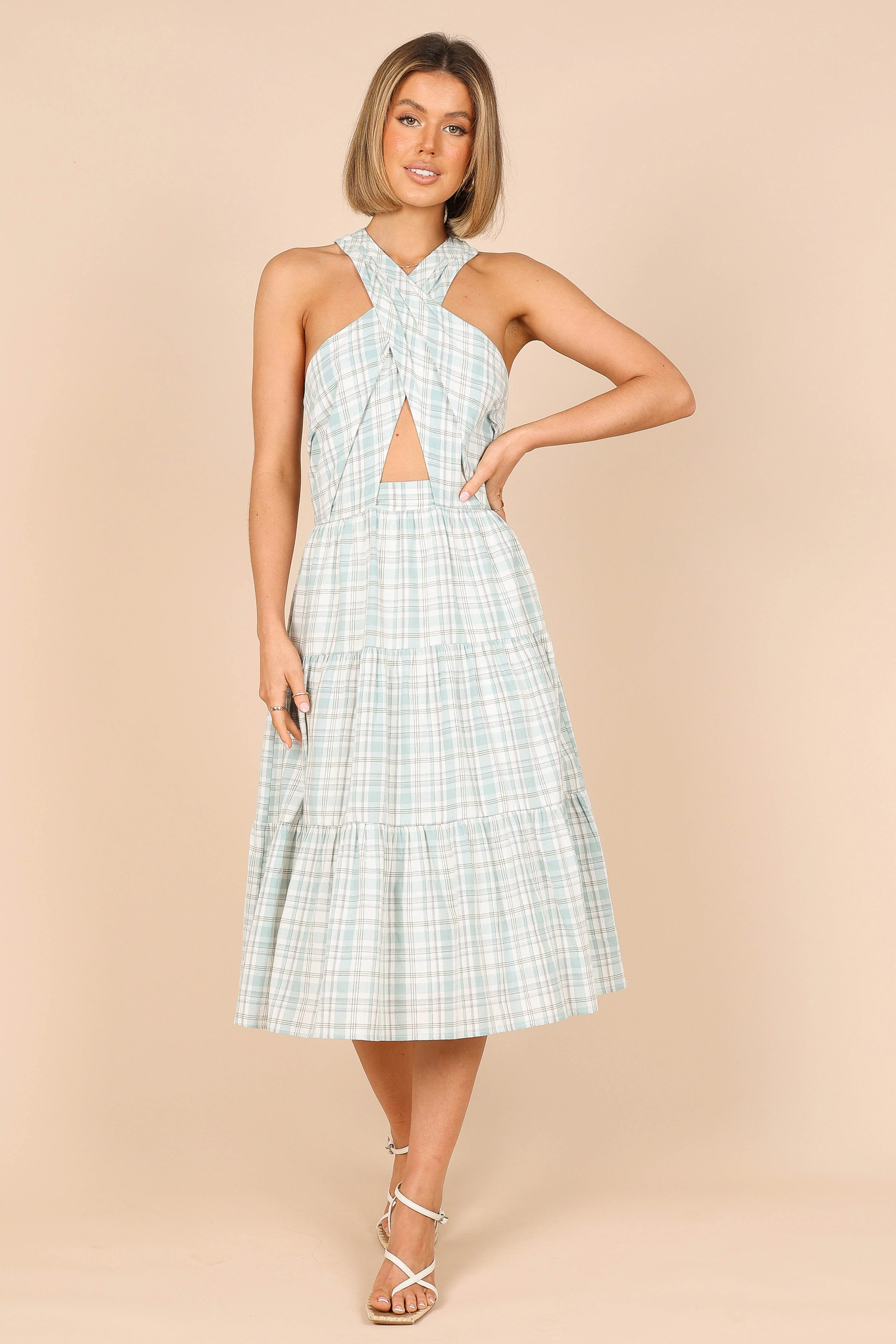 Georgian Halter Neck Midi Dress - Blue Check - Image 6