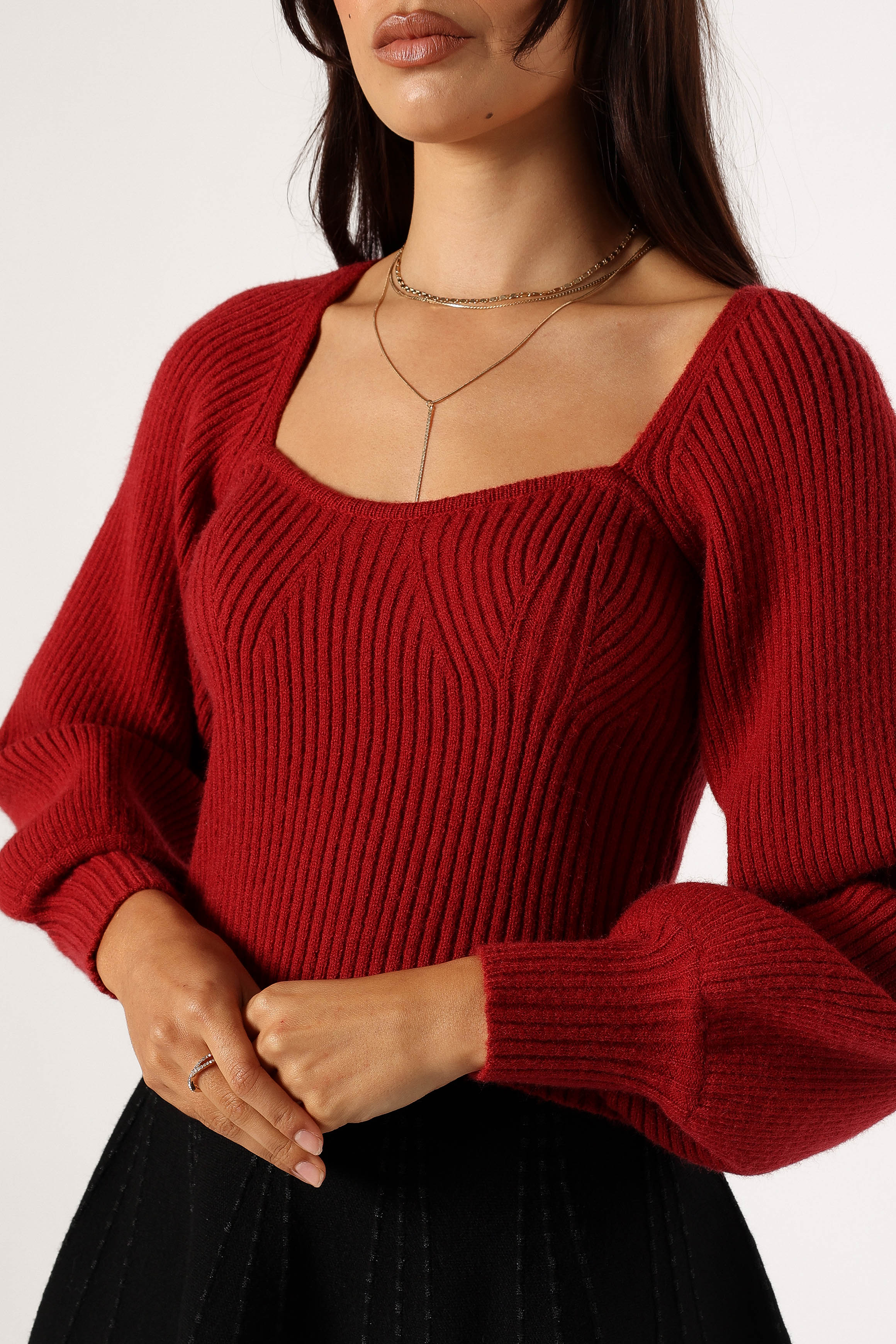 Gia Sweetheart Neck Bell Sleeve Knit Sweater - Wine - Image 6