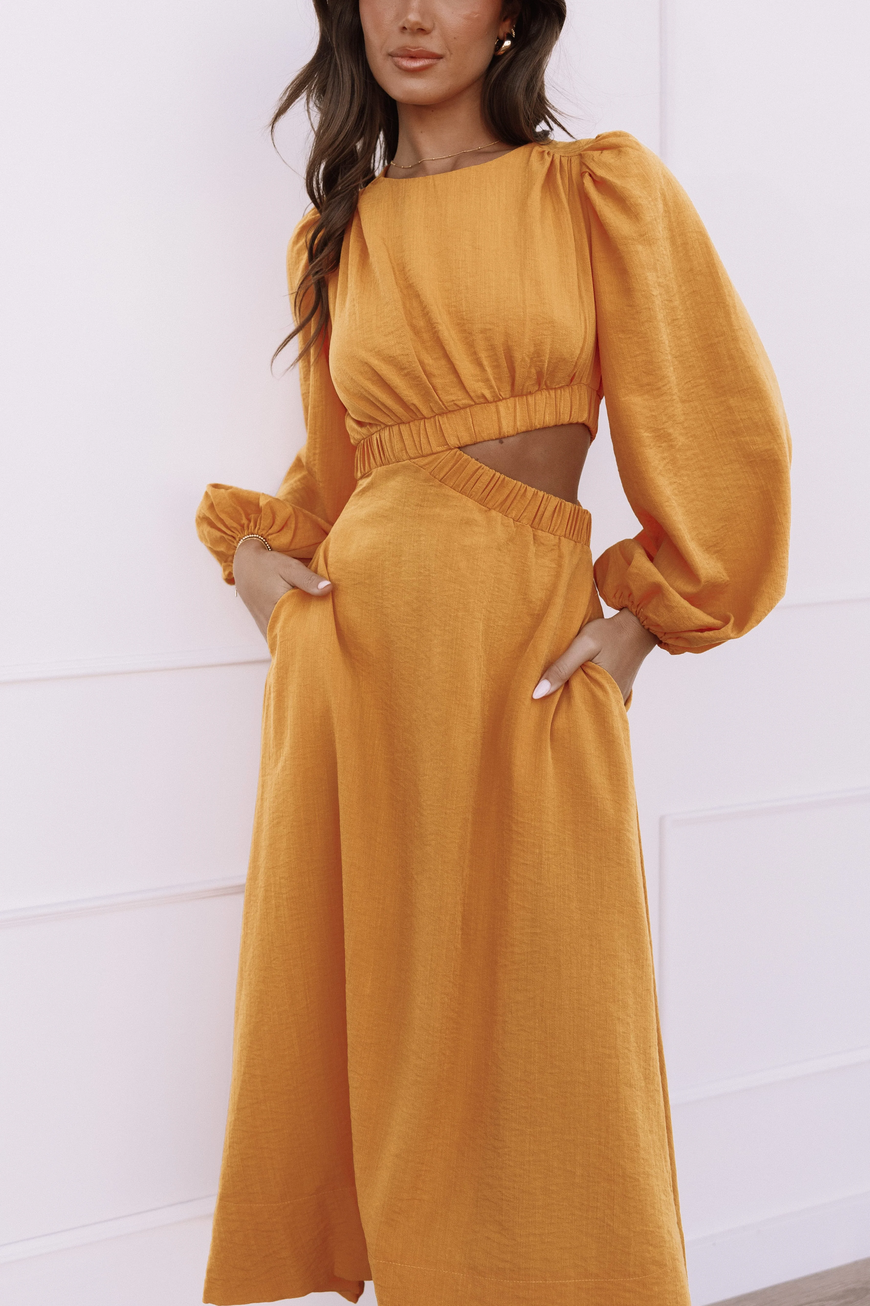 Ginnee Puff Sleeve Cutout Midi Dress - Mustard - Image 3