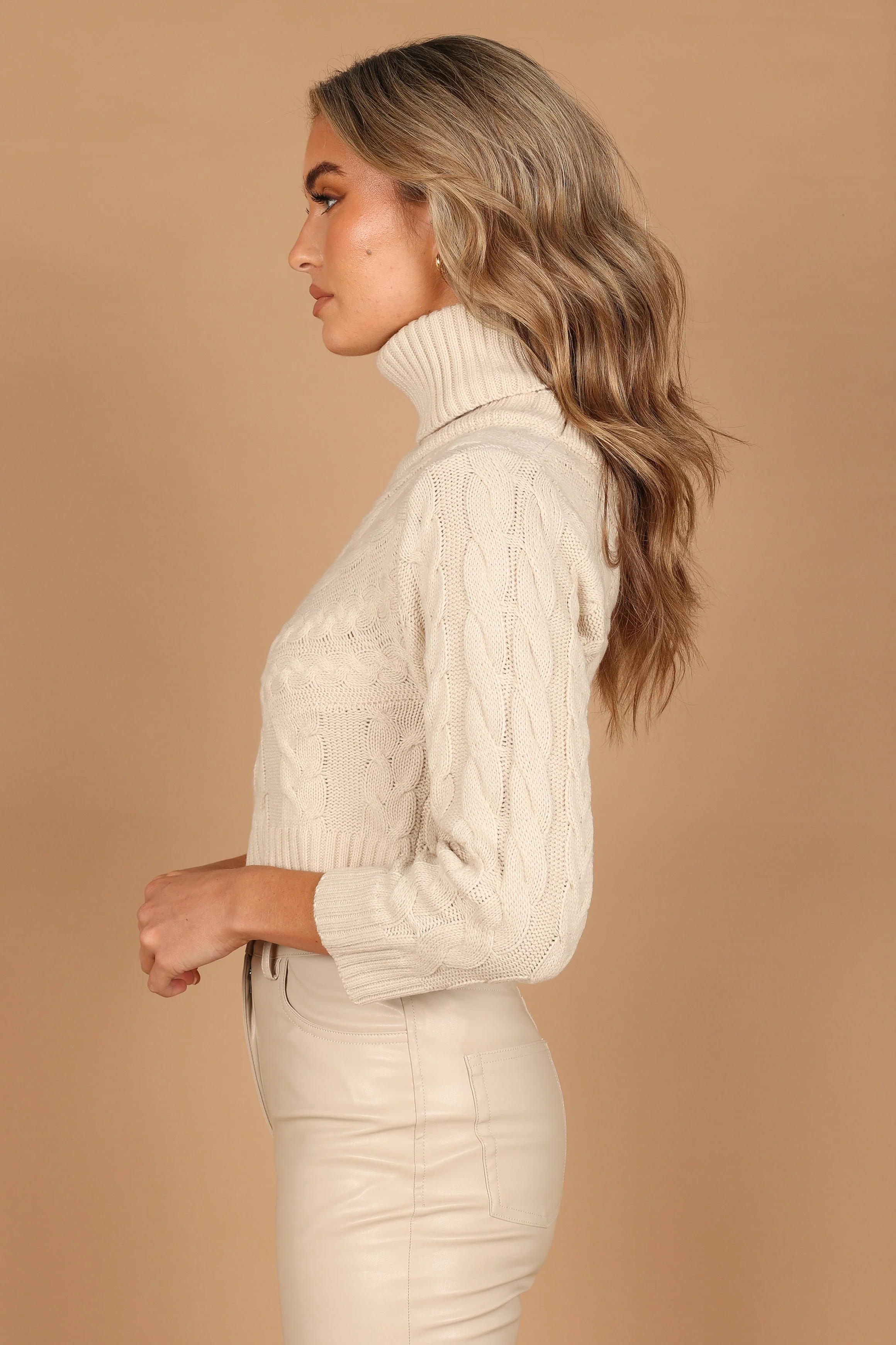 Goldie Turtleneck One-Shoulder Cut-Out Knit Sweater - Beige - Image 5