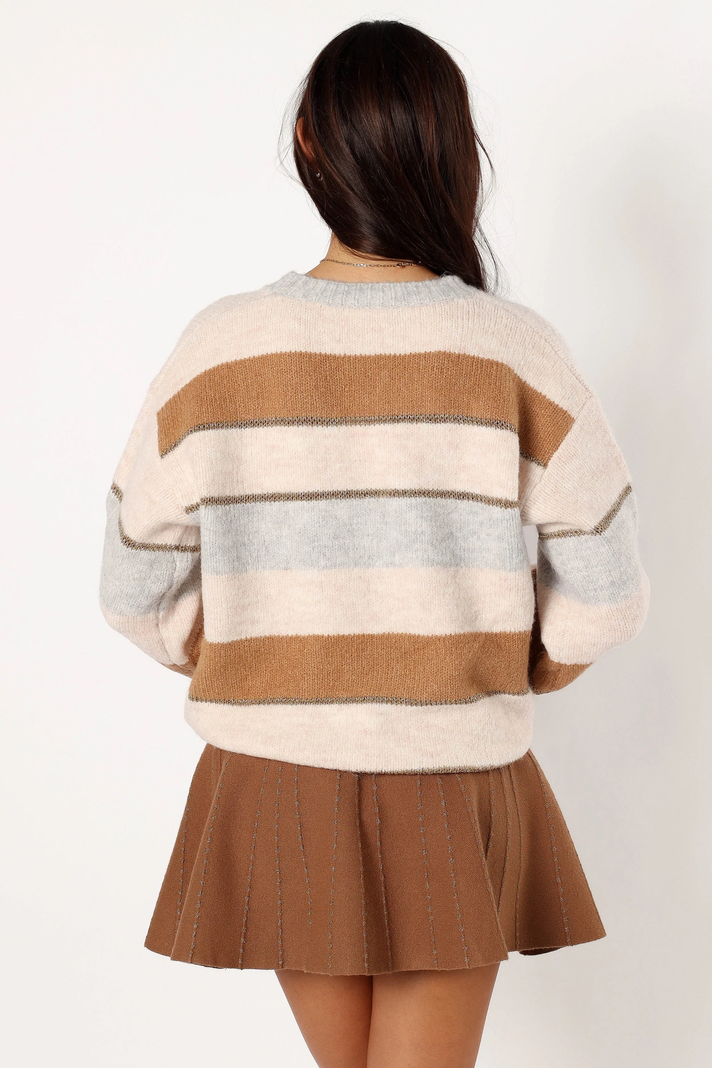 Hadleigh Shimmer Multi Stripe Knit Sweater - Cream/Camel - Image 3