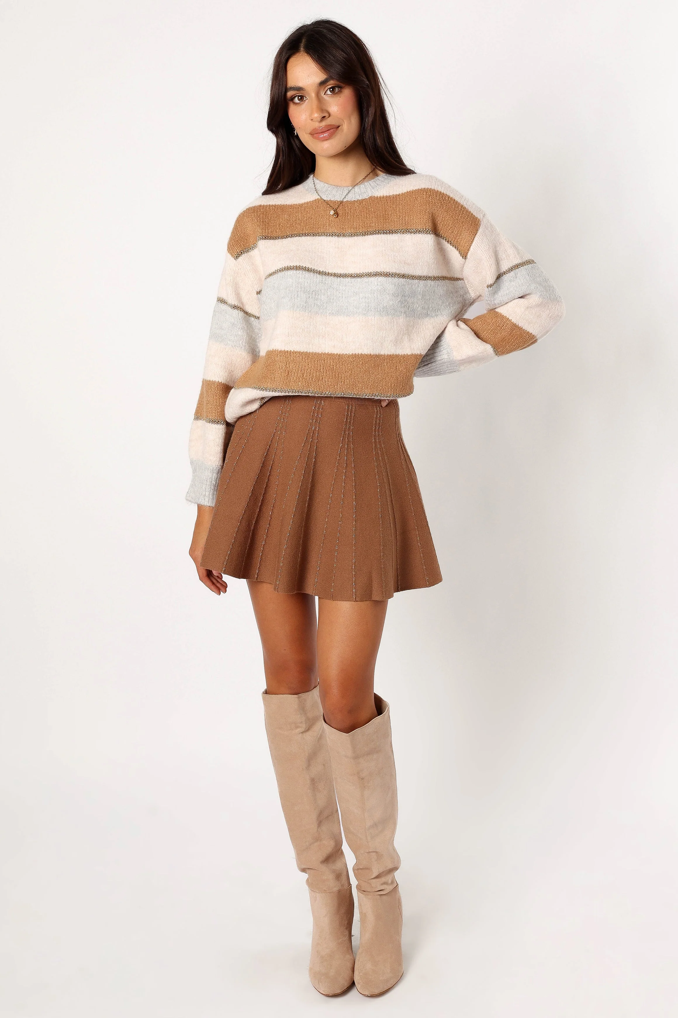 Hadleigh Shimmer Multi Stripe Knit Sweater - Cream/Camel - Image 5