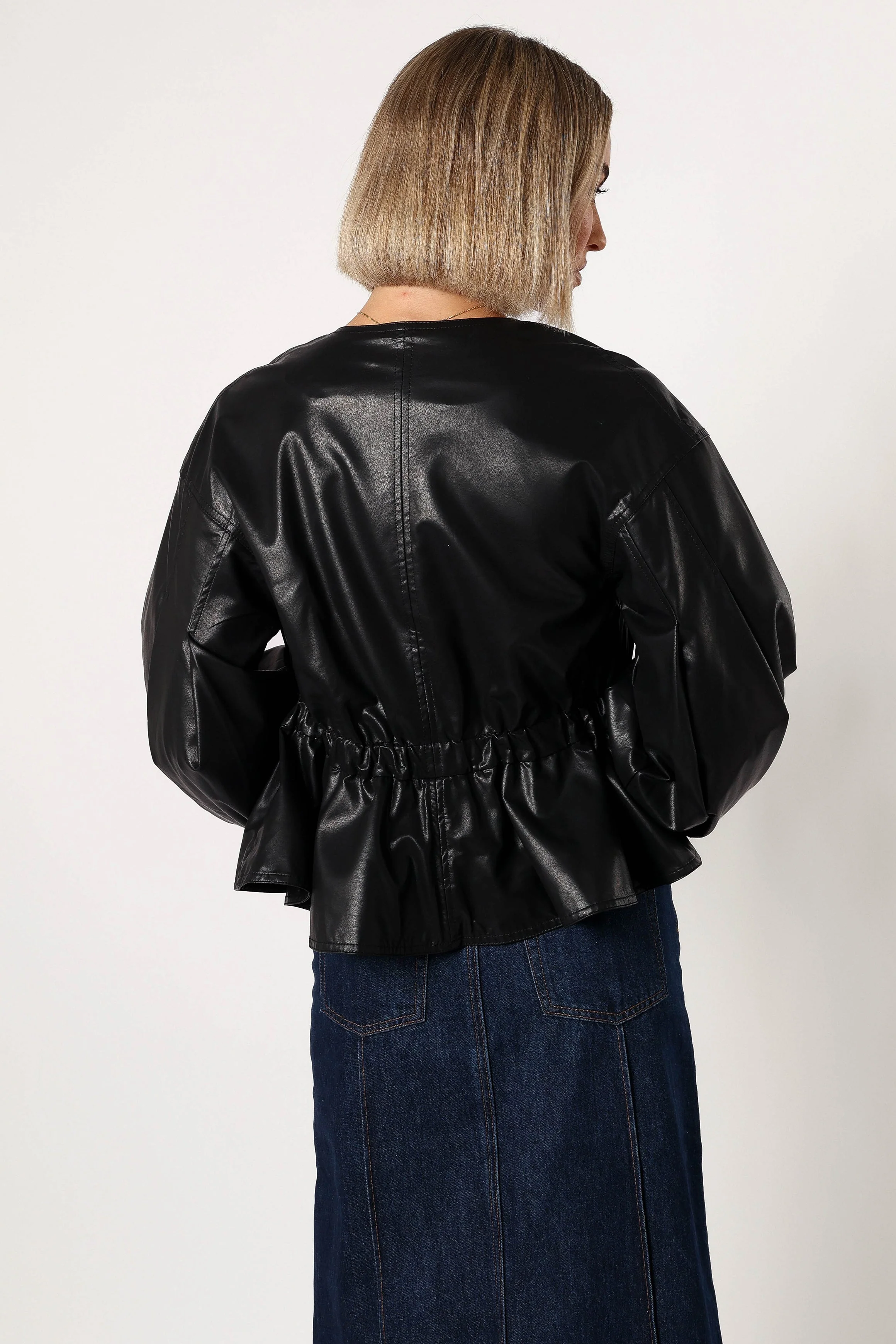 Ivanna Faux Leather Puff Sleeve Jacket - Black - Image 3
