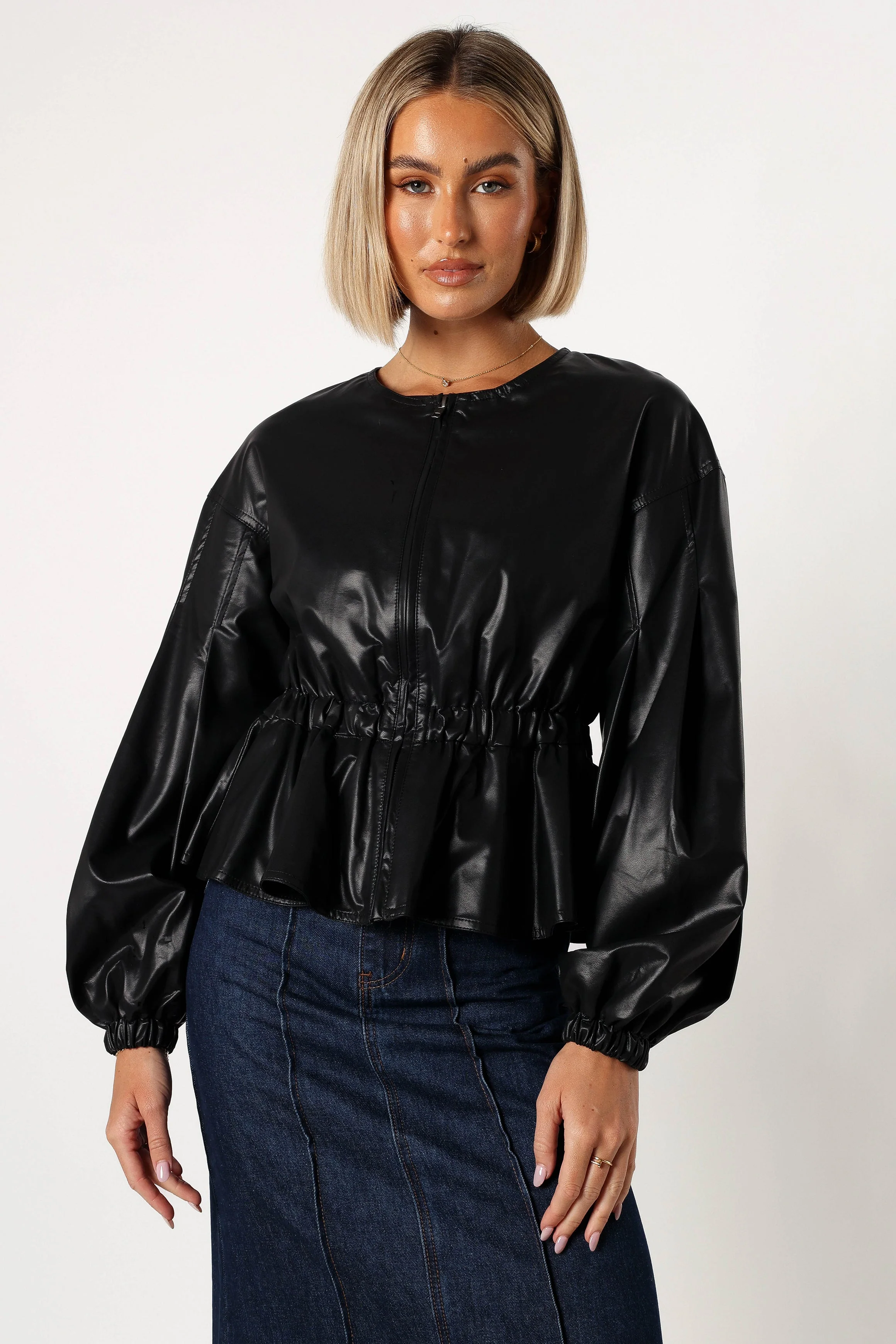 Ivanna Faux Leather Puff Sleeve Jacket - Black - Image 5