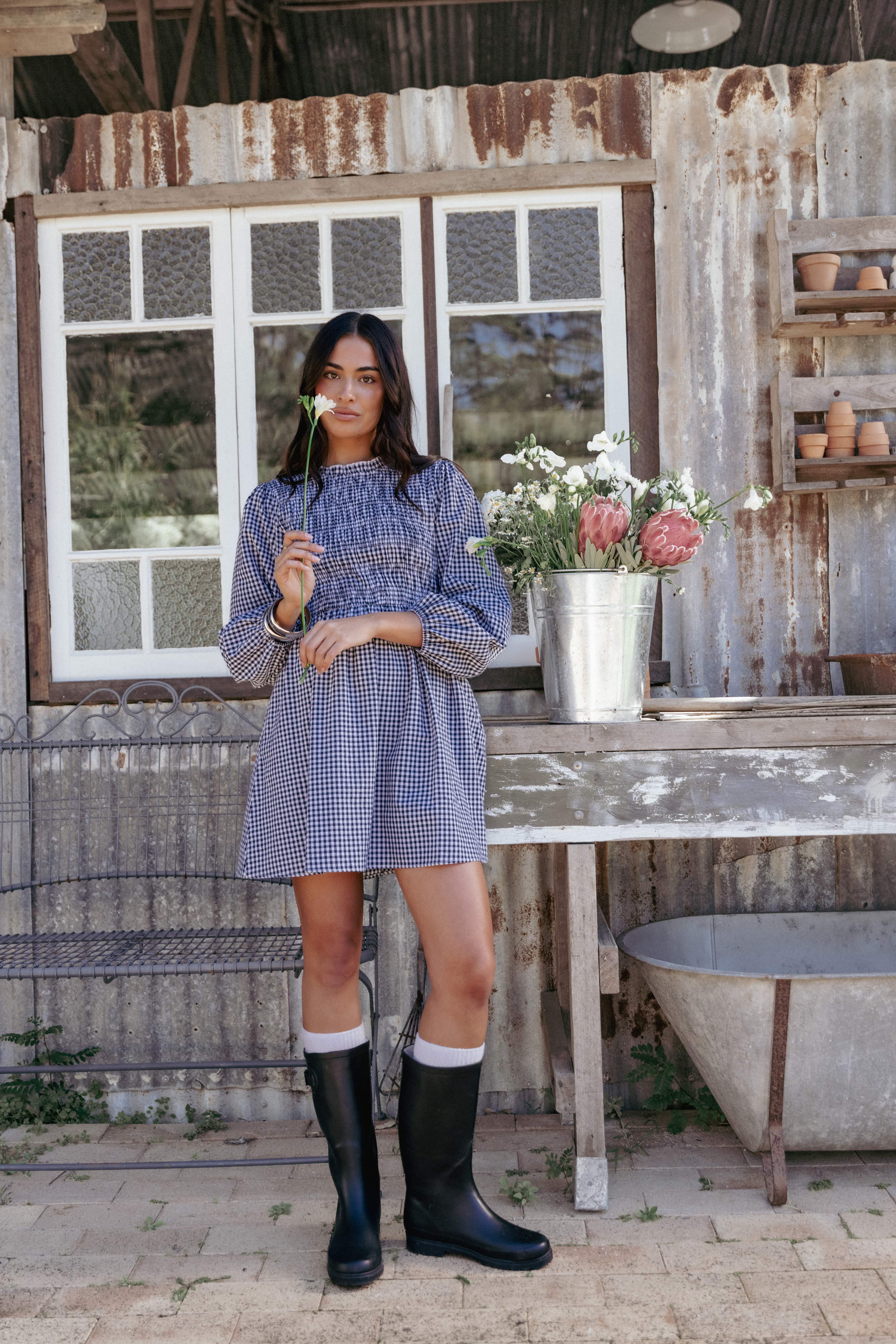 Jessen Long Sleeve Mini Dress - Navy Gingham - Image 10