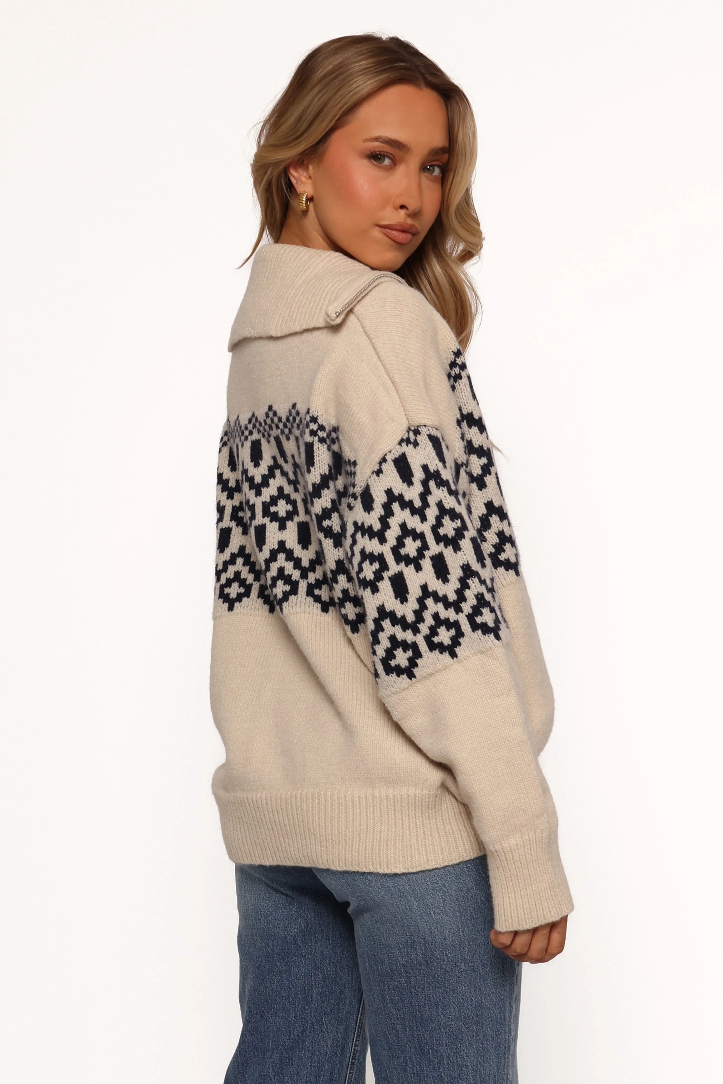 Jethro Quarter Zip Fairisle Knit Sweater - Cream/Navy - Image 4