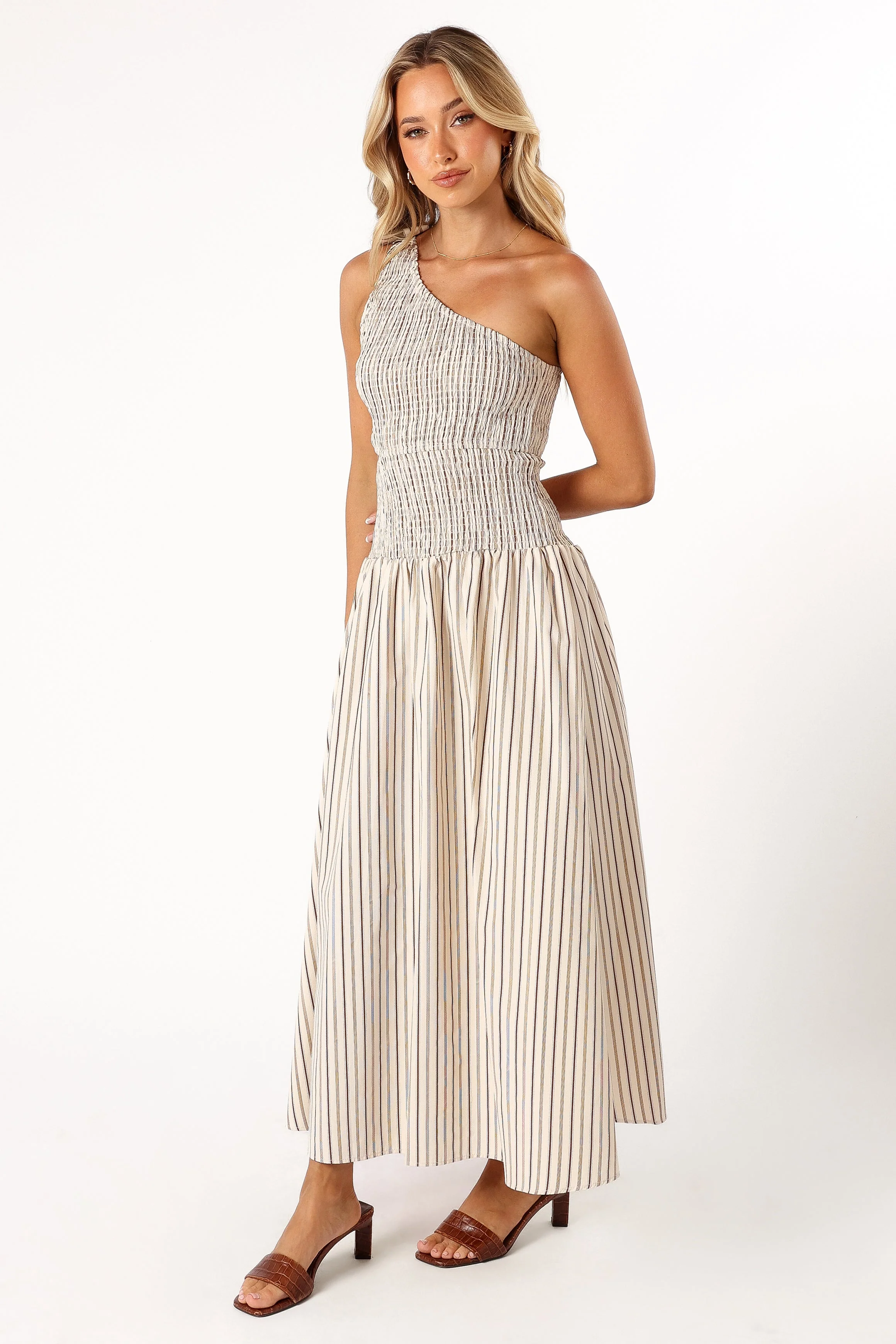 Jordana One Shoulder Midi Dress - Brown Stripe - Image 3