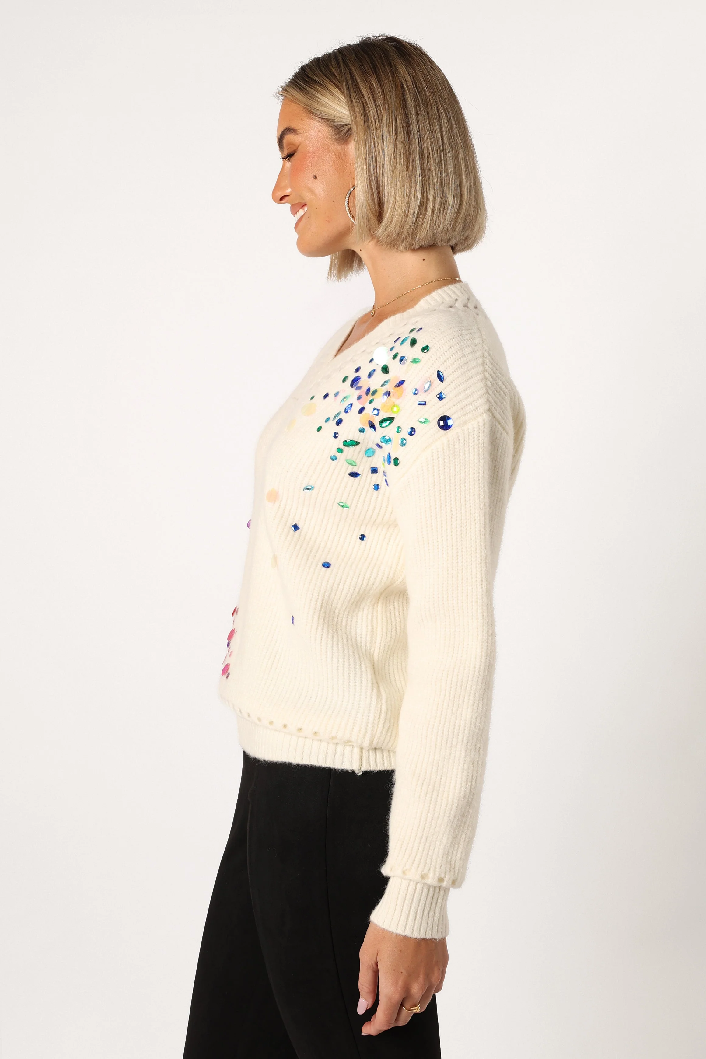 Journee Jewel Embellished V Neck Knit Sweater - Cream - Image 3