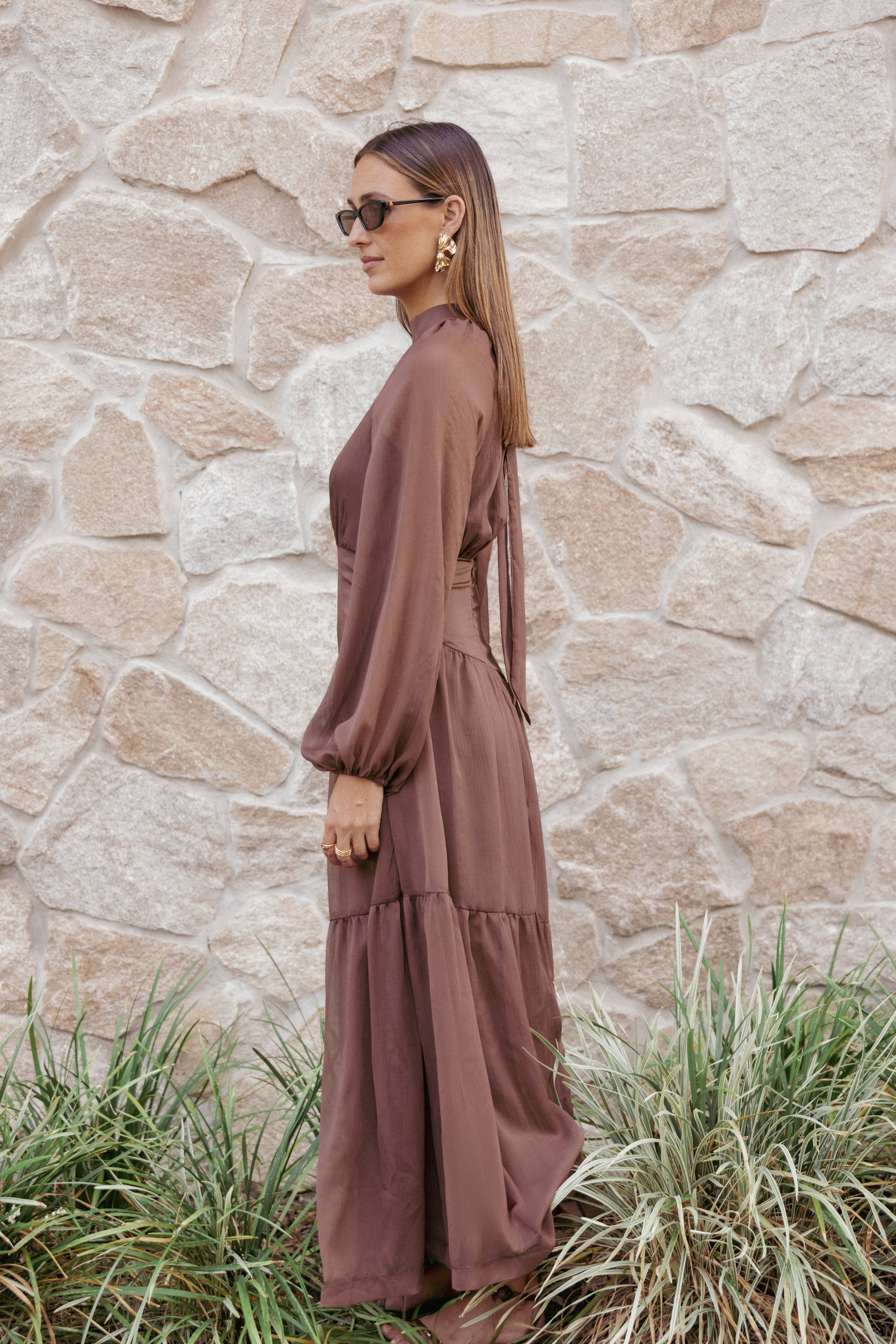 Julip Sheer Long Sleeve Maxi Dress - Brown - Image 7